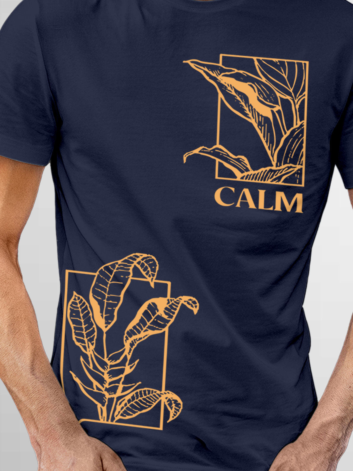 Close up of 'Calm' design on Men's Navy Blue Round Neck T-shirt, highlighting intricate details and vibrant print.