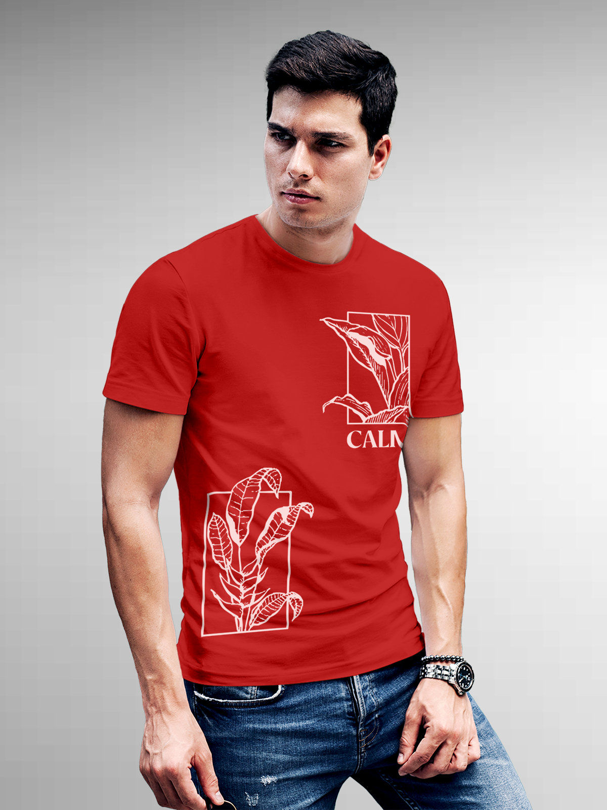 Model wearing Men's Red Round Neck T-shirt with 'Calm' design, offering effortless style and premium comfort