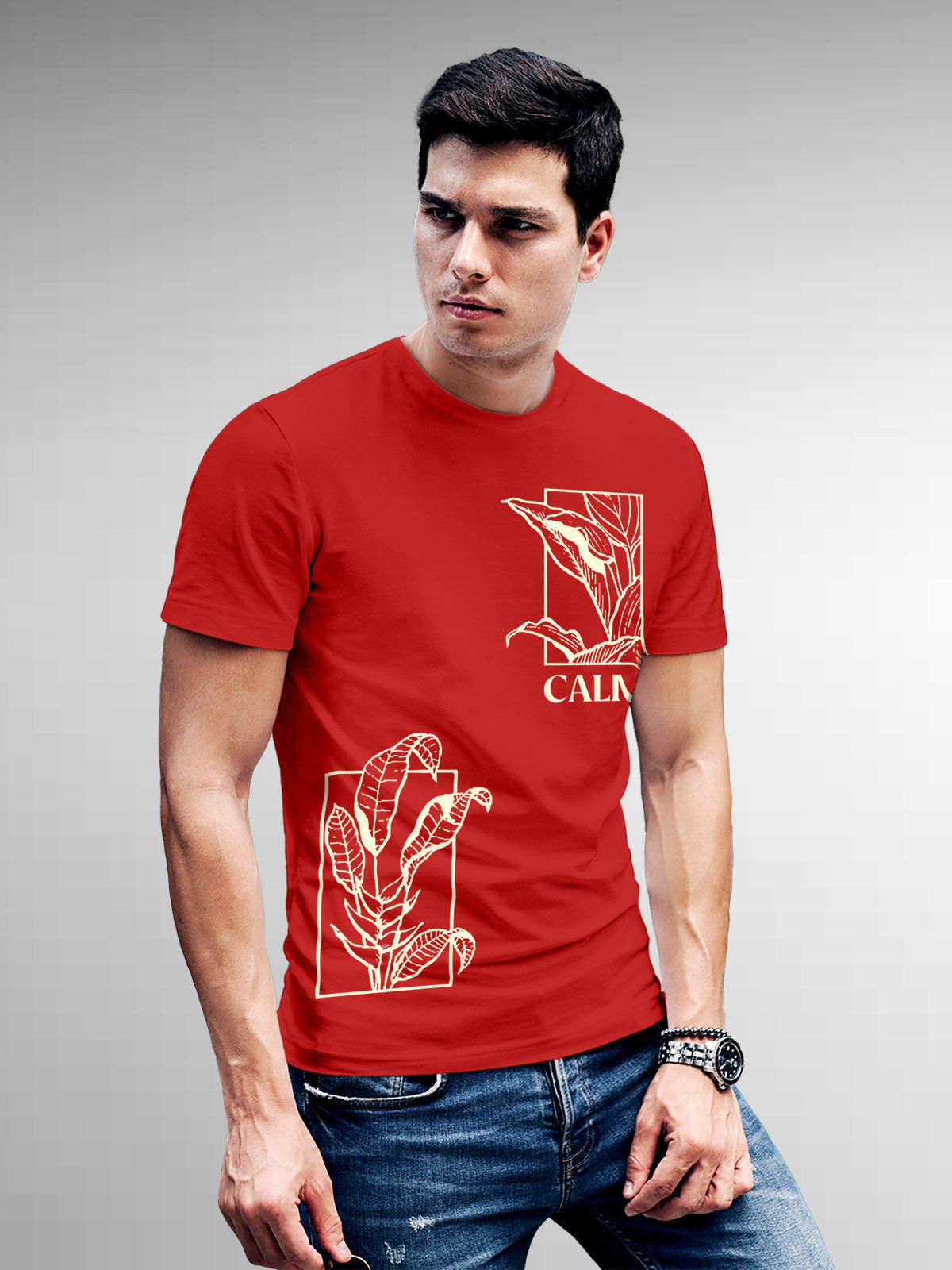 Model wearing Men's Red Round Neck T-shirt with 'Calm' design, offering effortless style and premium comfort