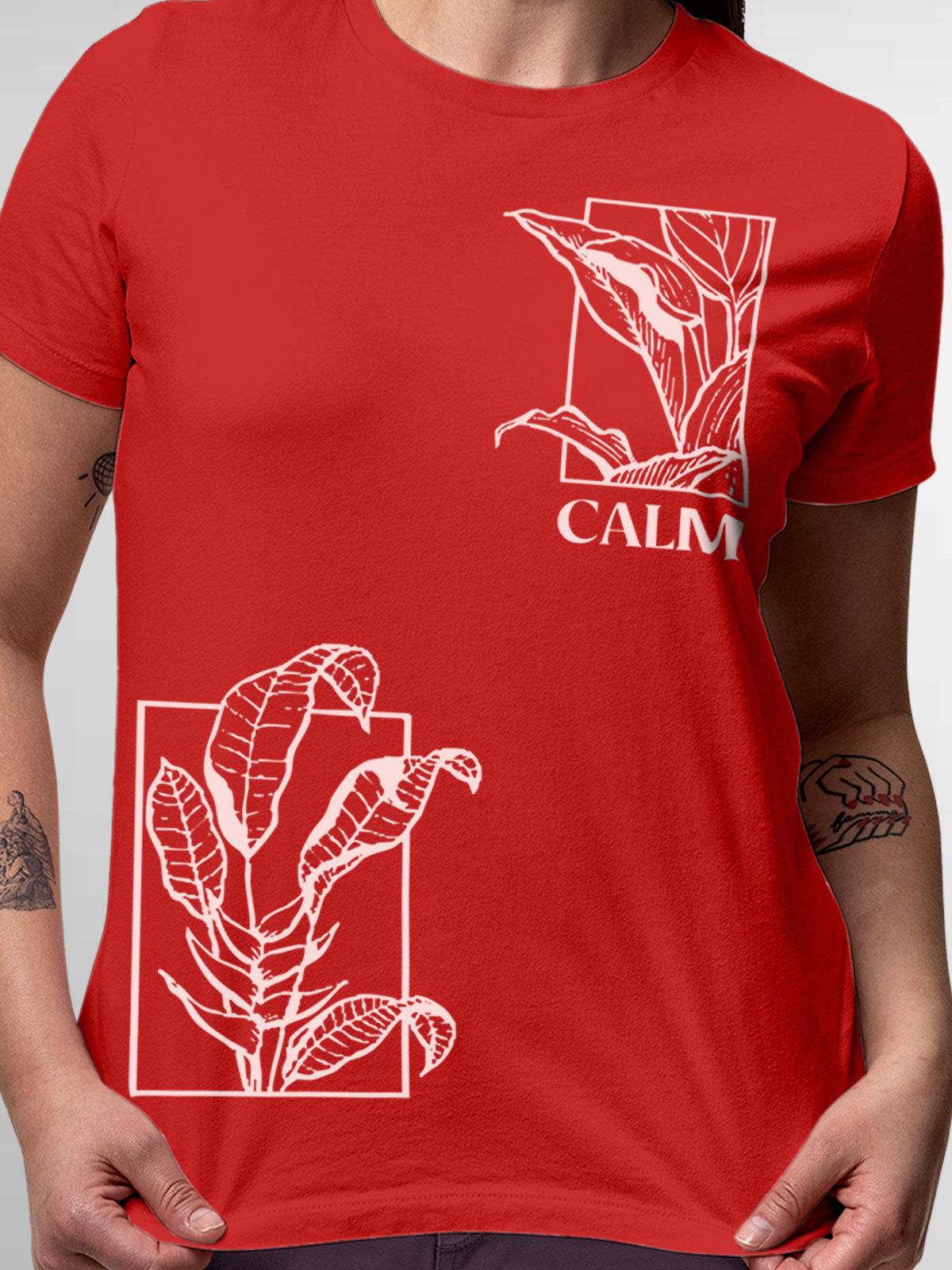 Close up of 'Calm' design on Women's Red Round Neck T-shirt, highlighting intricate details and vibrant print.