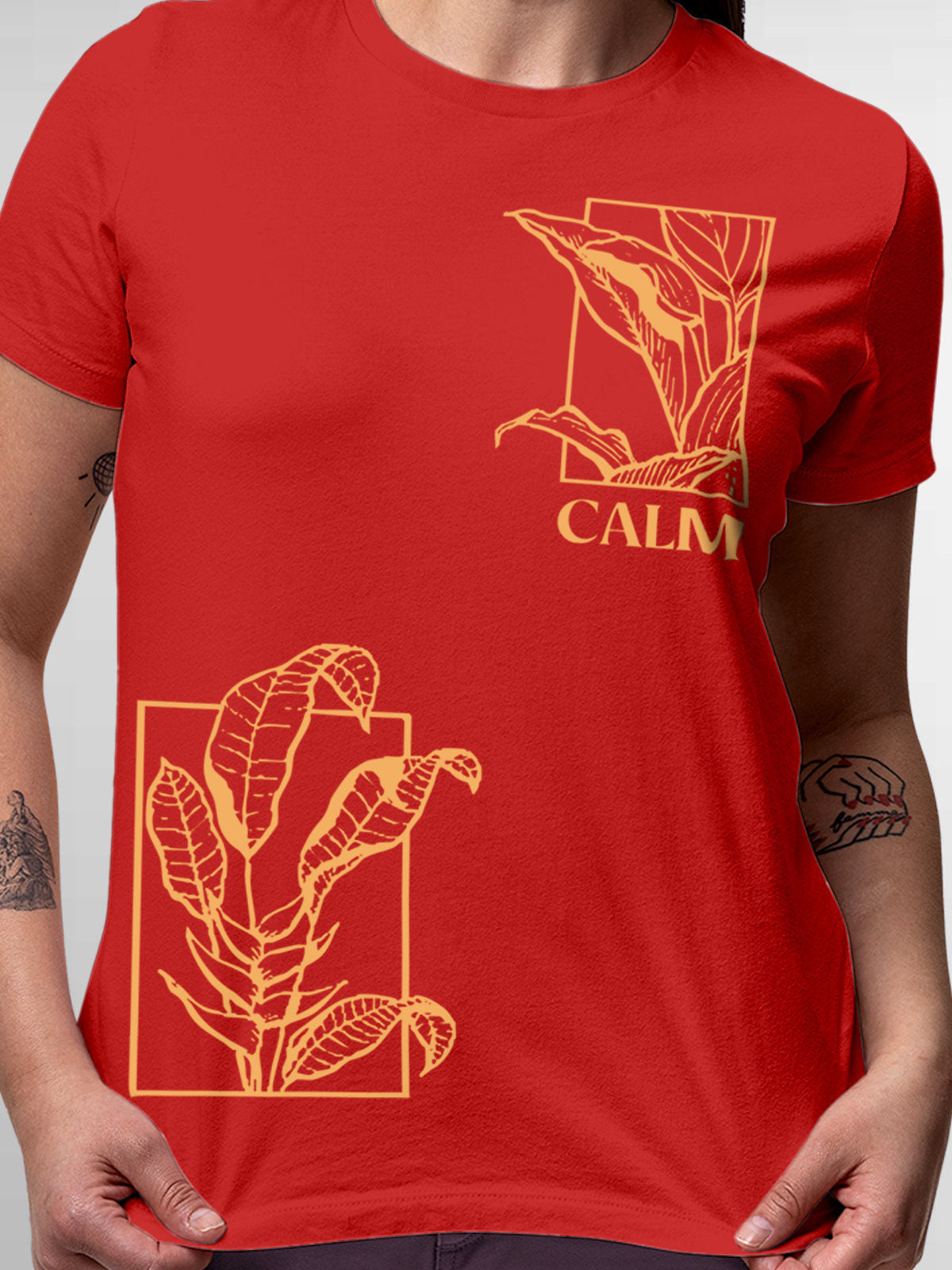 Close up of 'Calm' design on Women's Red Round Neck T-shirt, highlighting intricate details and vibrant print.