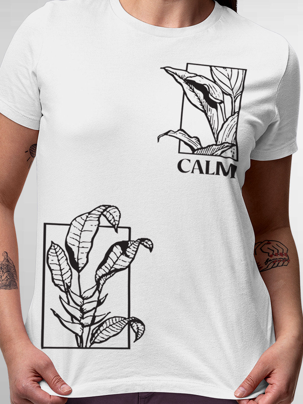 Close up of 'Calm' design on Women's White Round Neck T-shirt, highlighting intricate details and vibrant print.