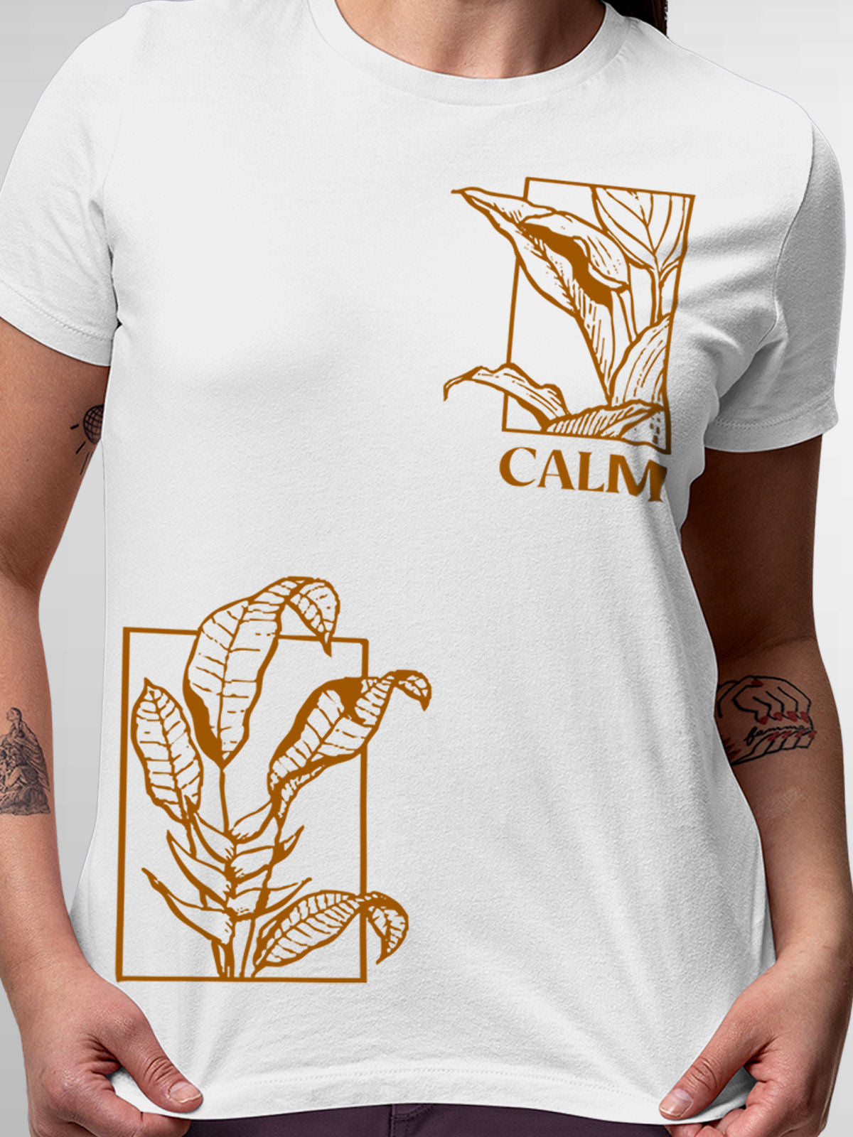 Close up of 'Calm' design on Women's White Round Neck T-shirt, highlighting intricate details and vibrant print.
