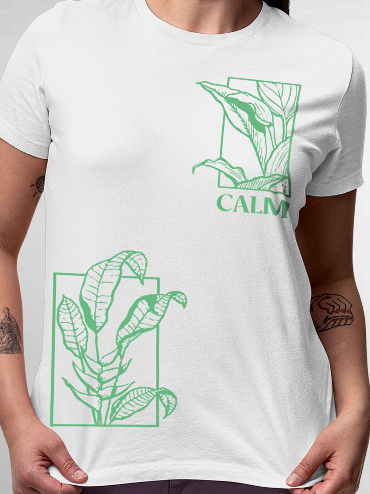 Close up of 'Calm' design on Women's White Round Neck T-shirt, highlighting intricate details and vibrant print.