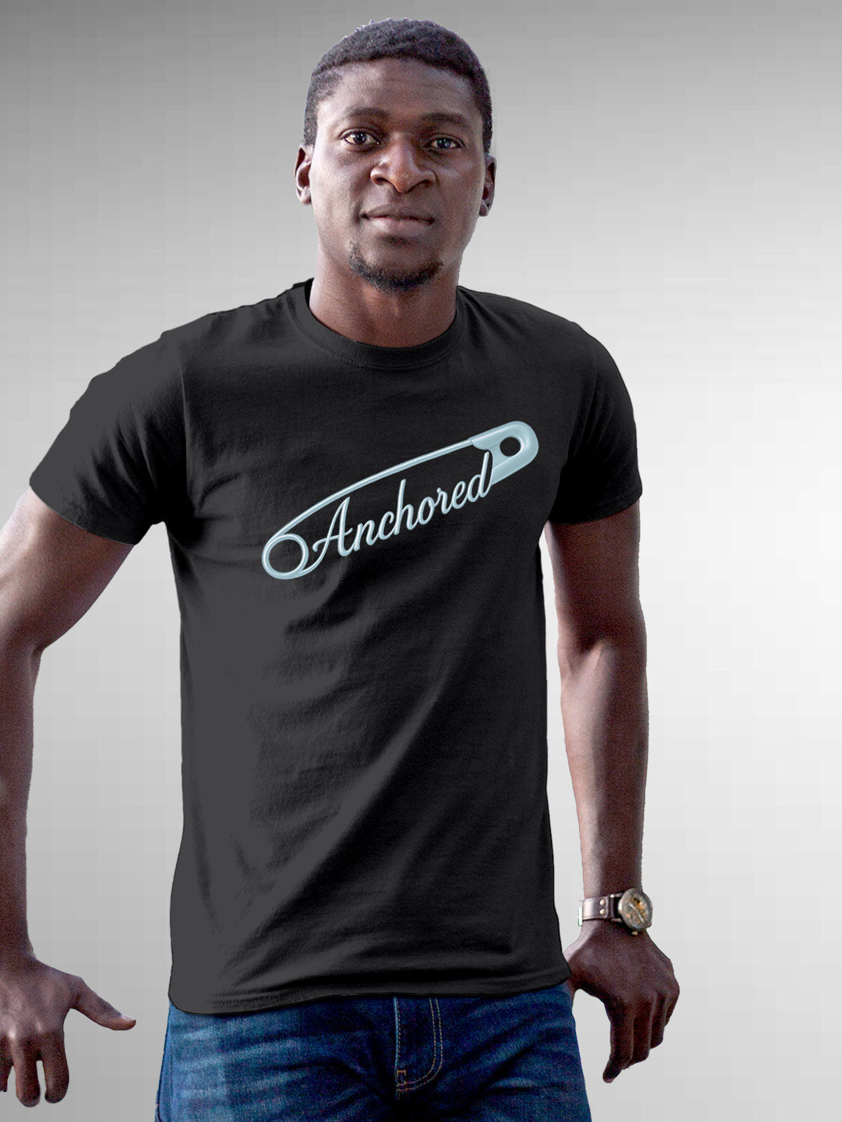 Model wearing Men's Dark Grey Round Neck T-shirt with 'Anchored' design, offering effortless style and premium comfort