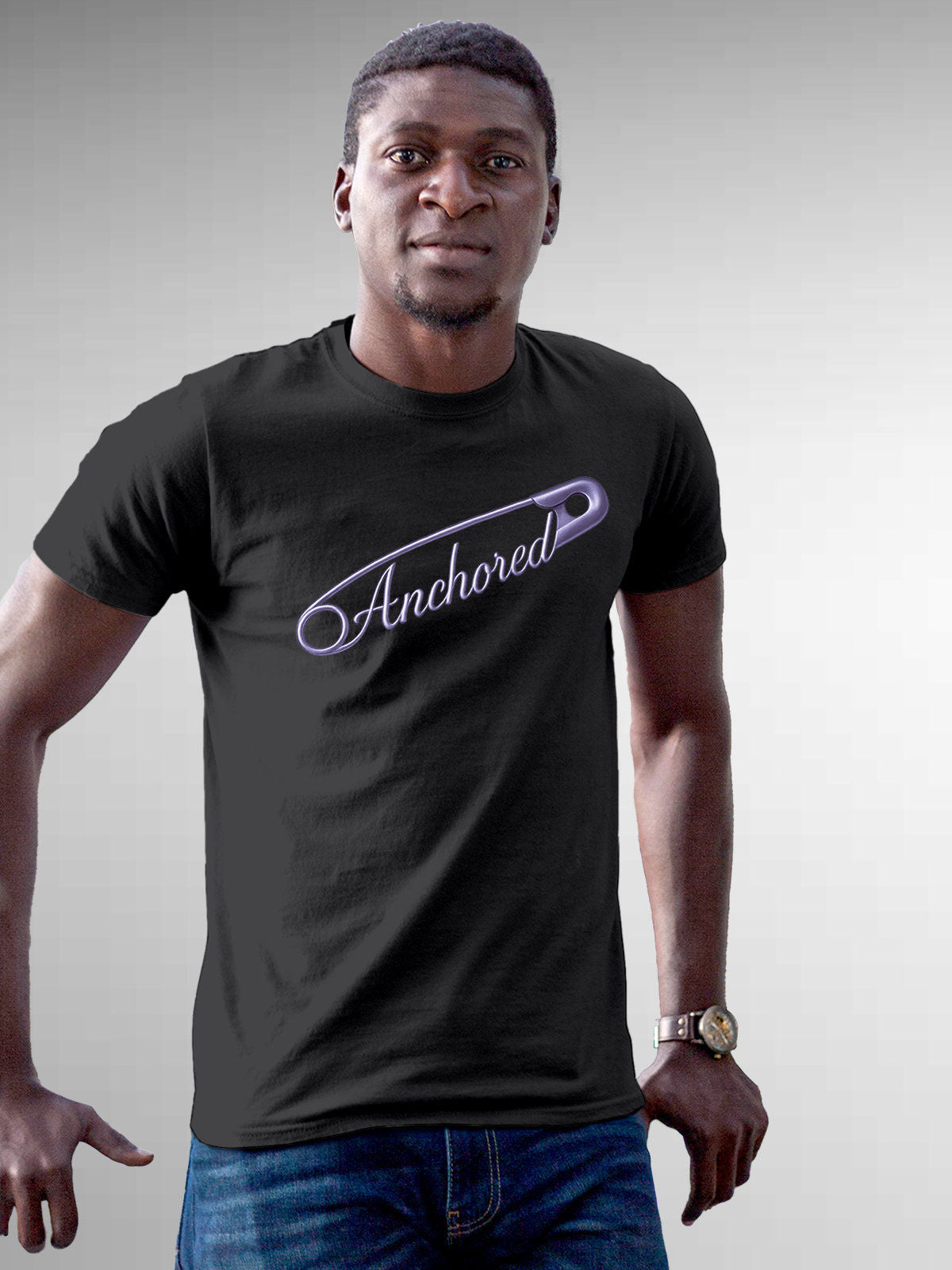 Model wearing Men's Dark Grey Round Neck T-shirt with 'Anchored' design, offering effortless style and premium comfort