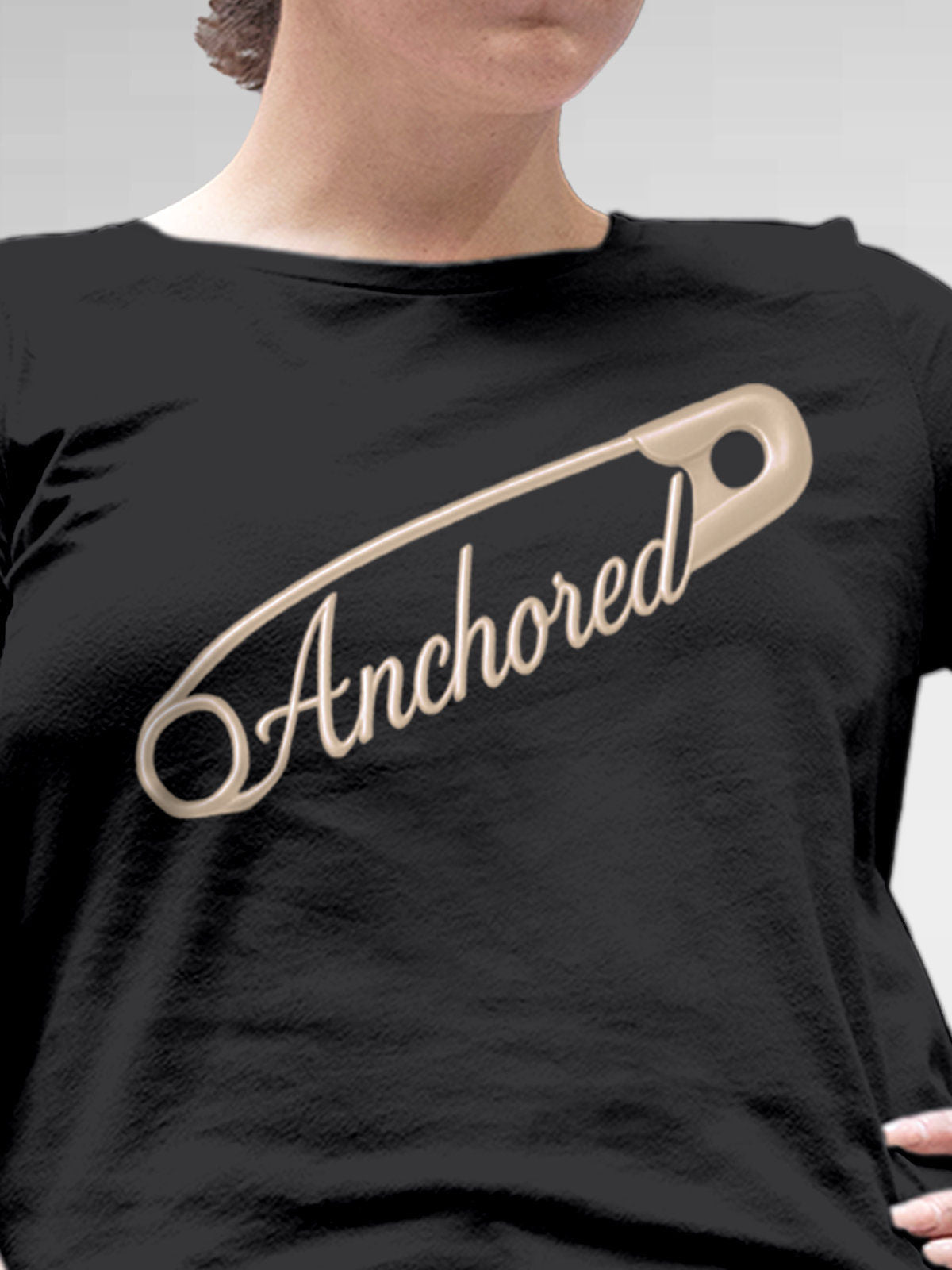 Close up of 'Anchored' design on Women's Dark Grey Round Neck T-shirt, highlighting intricate details and vibrant print.