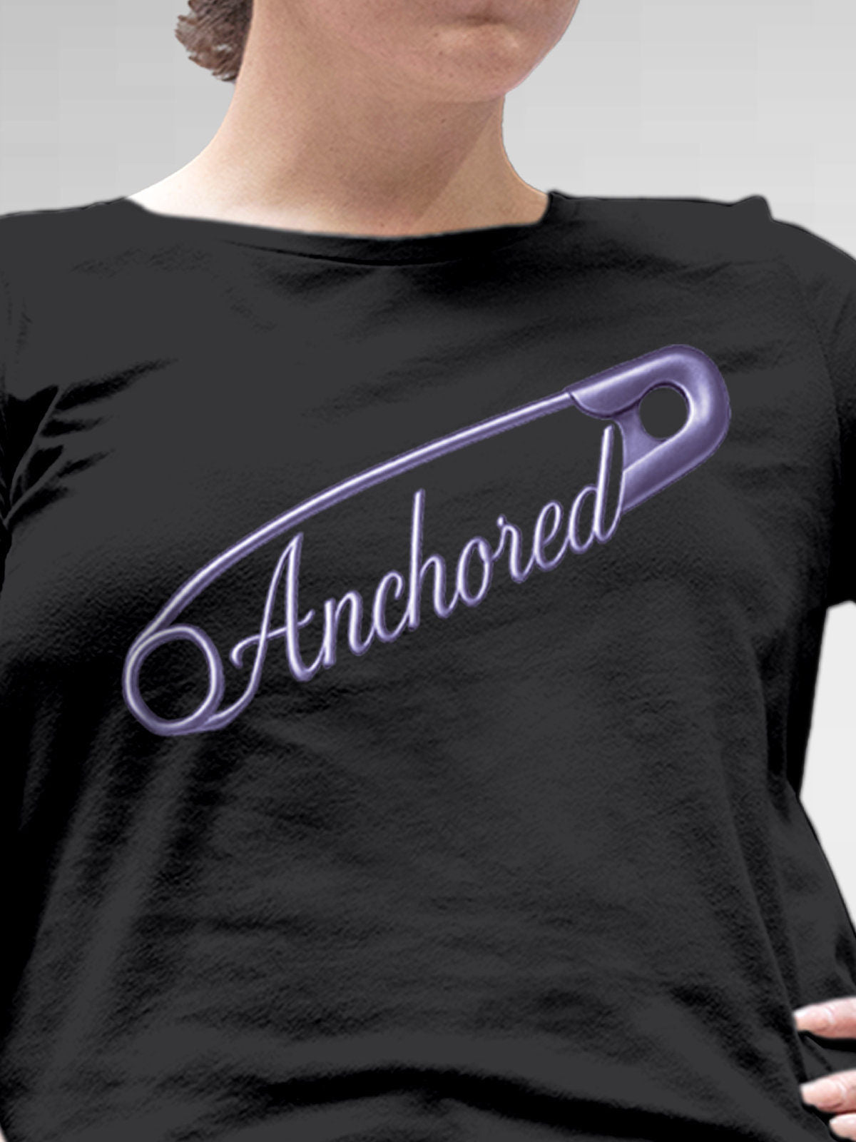 Close up of 'Anchored' design on Women's Dark Grey Round Neck T-shirt, highlighting intricate details and vibrant print.