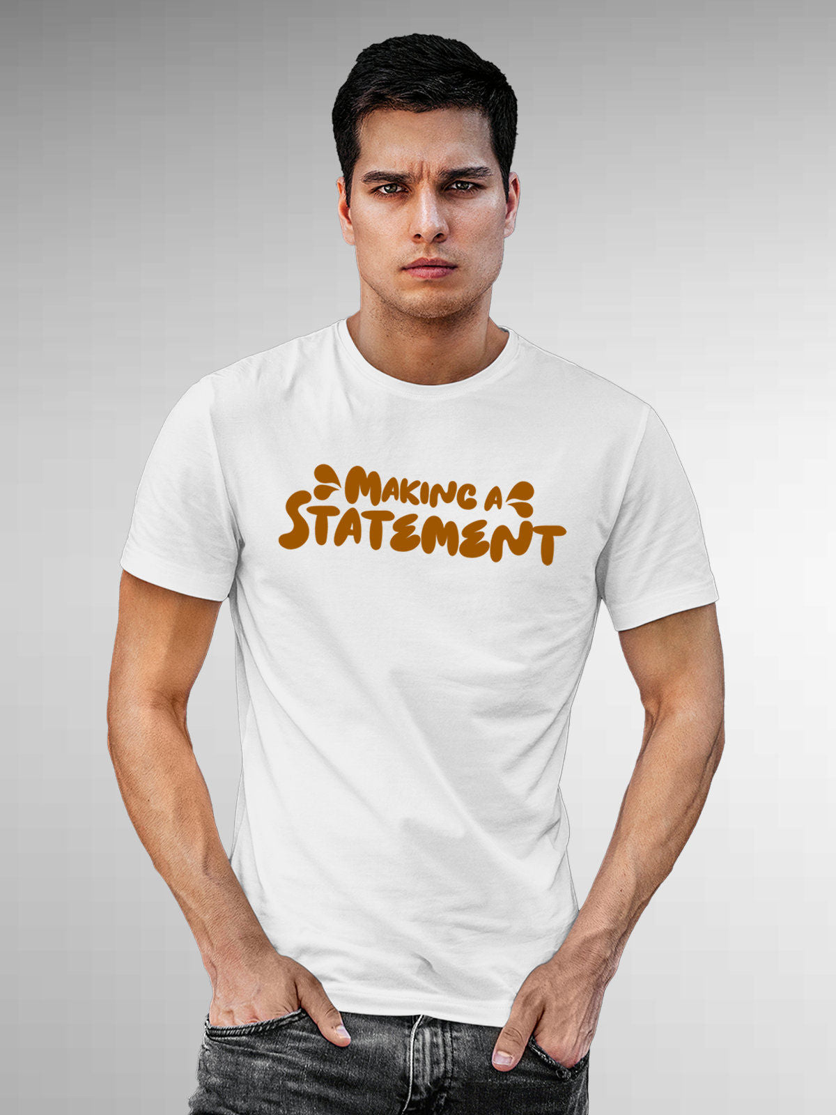 Model wearing Men's White Round Neck T-shirt with 'Making A Statement' design, offering effortless style and premium comfort