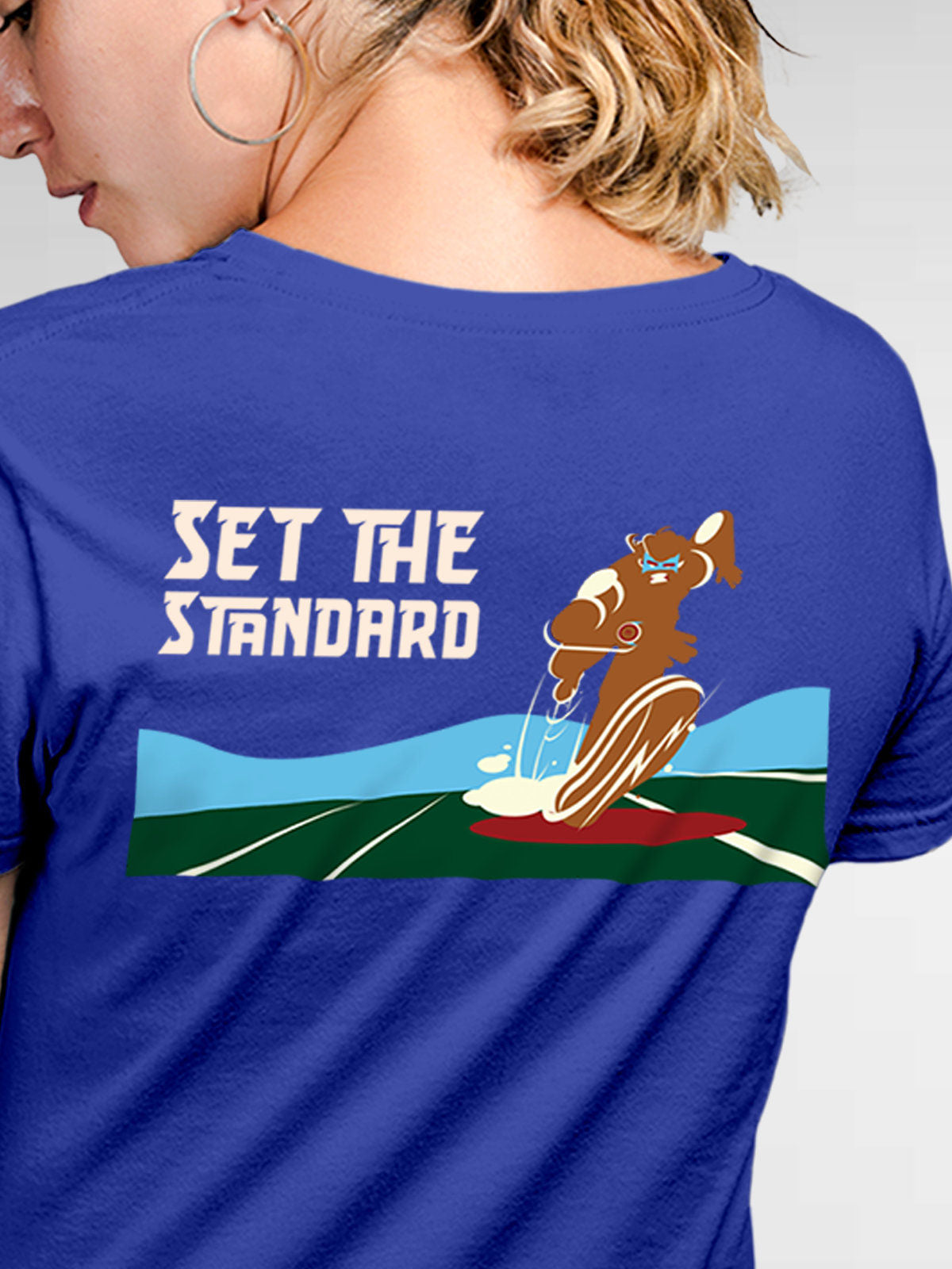 Close up of 'Set The Standard' design on Women's Blue Round Neck T-shirt, highlighting intricate details and vibrant print.