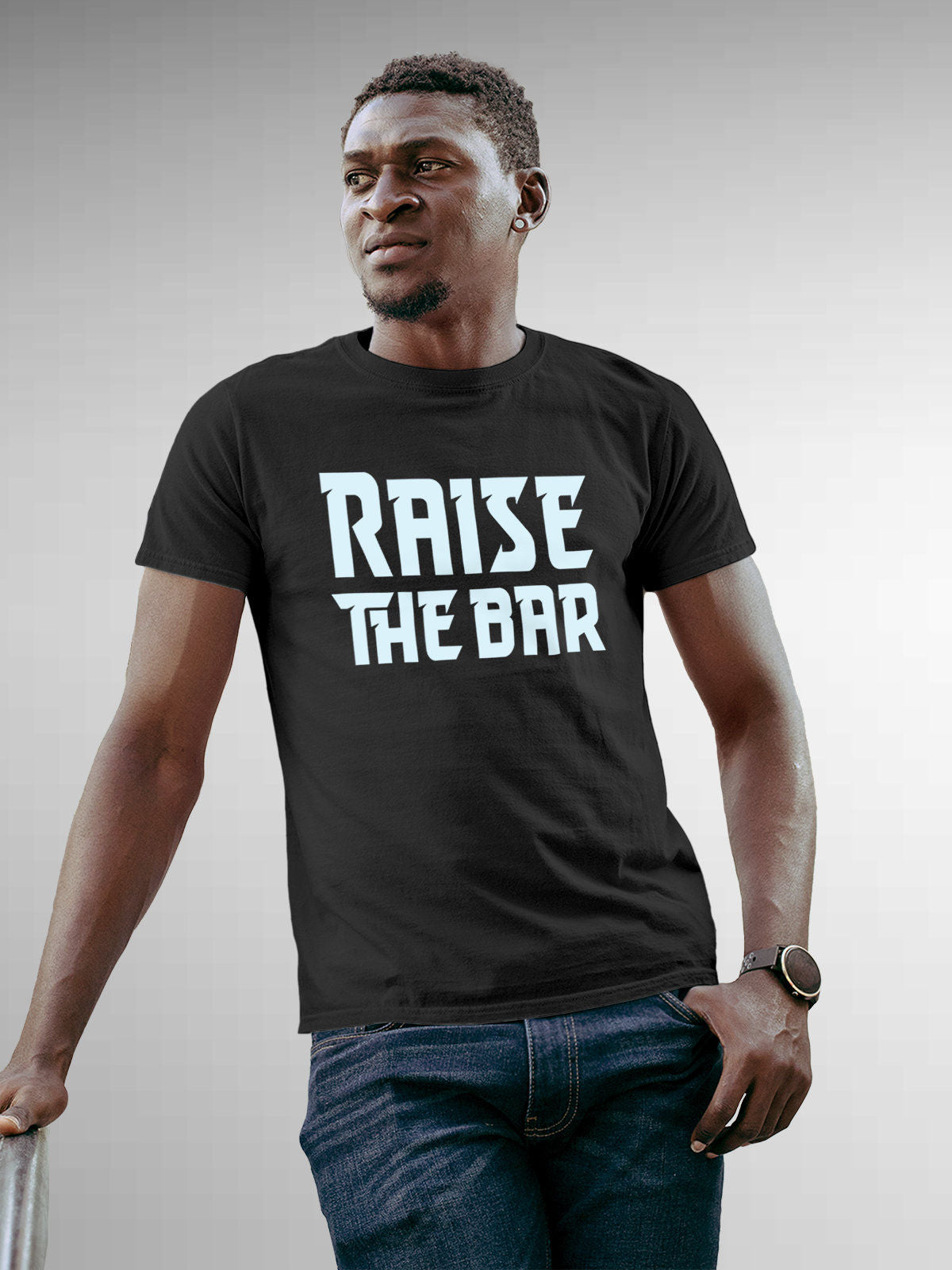 Front view of 'Raise The Bar' design on Fighterhero Men's Dark Grey Round Neck T-shirt, highlighting the modern look and clean finish