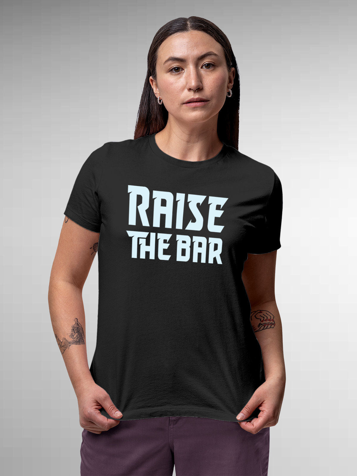 Front view of 'Raise The Bar' design on Fighterhero Women's Dark Grey Round Neck T-shirt, highlighting the modern look and clean finish