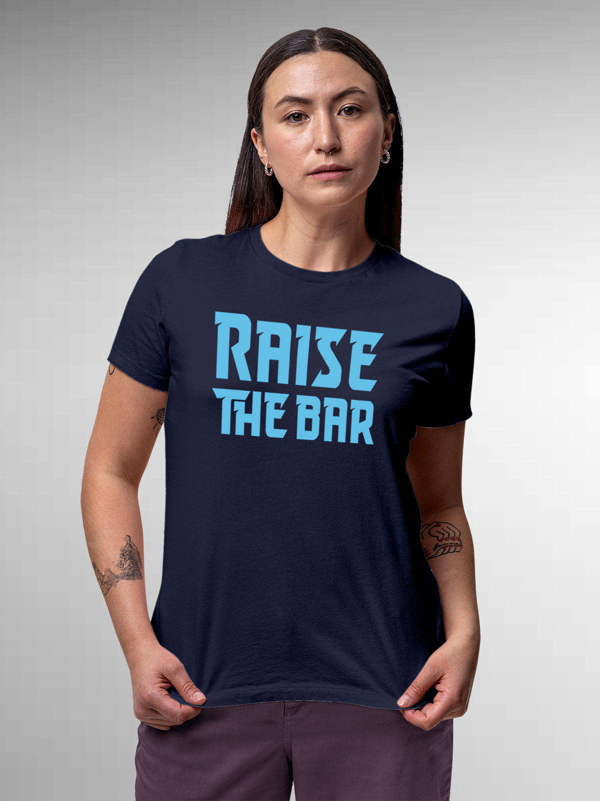 Front view of 'Raise The Bar' design on Fighterhero Women's Navy Blue Round Neck T-shirt, highlighting the modern look and clean finish