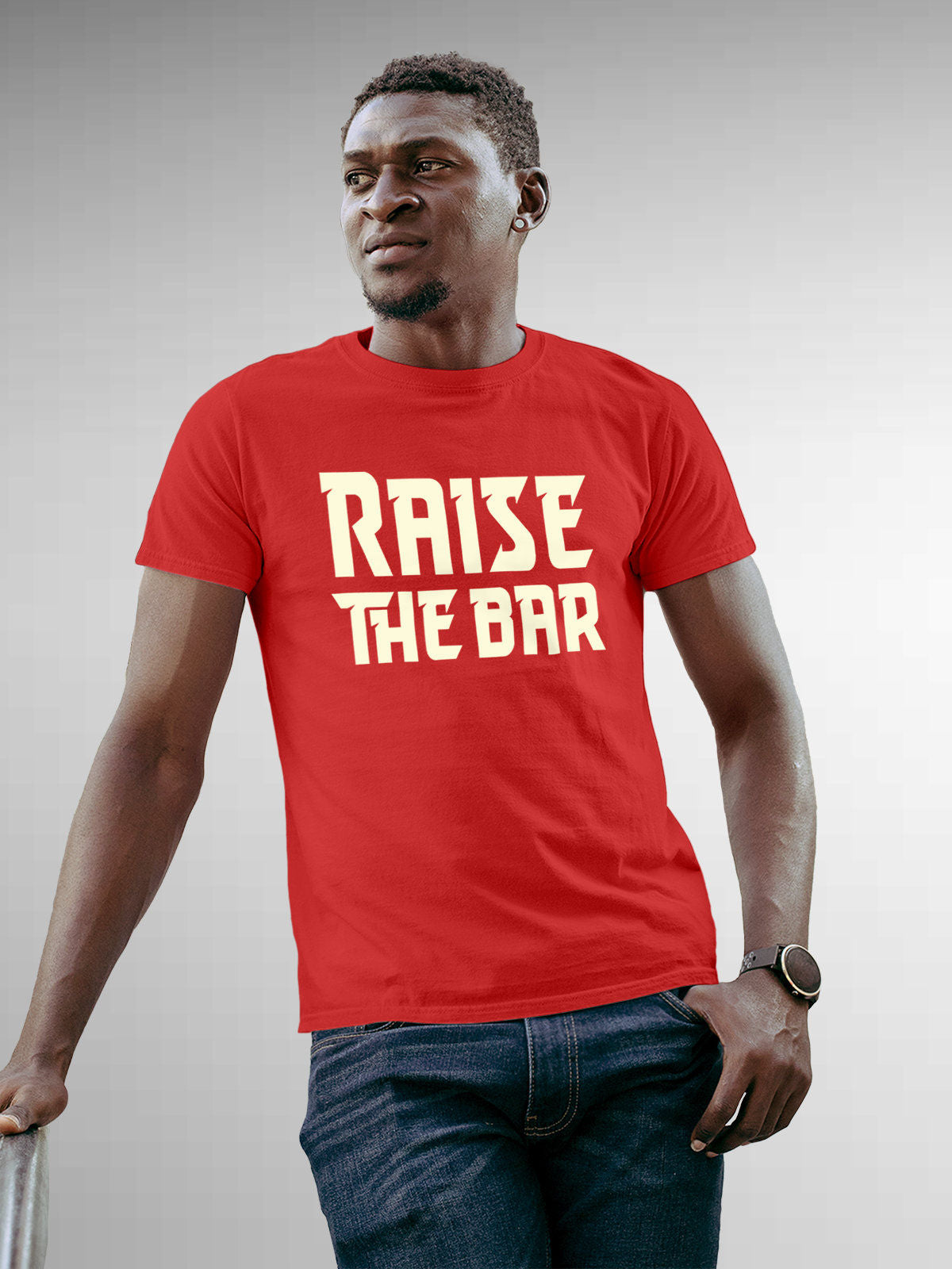 Front view of 'Raise The Bar' design on Fighterhero Men's Red Round Neck T-shirt, highlighting the modern look and clean finish