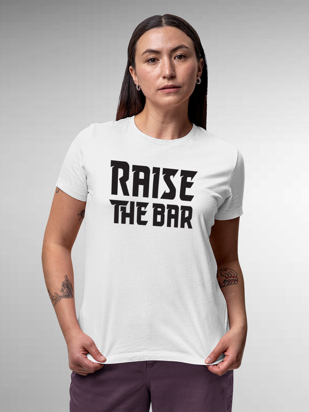 Front view of 'Raise The Bar' design on Fighterhero Women's White Round Neck T-shirt, highlighting the modern look and clean finish