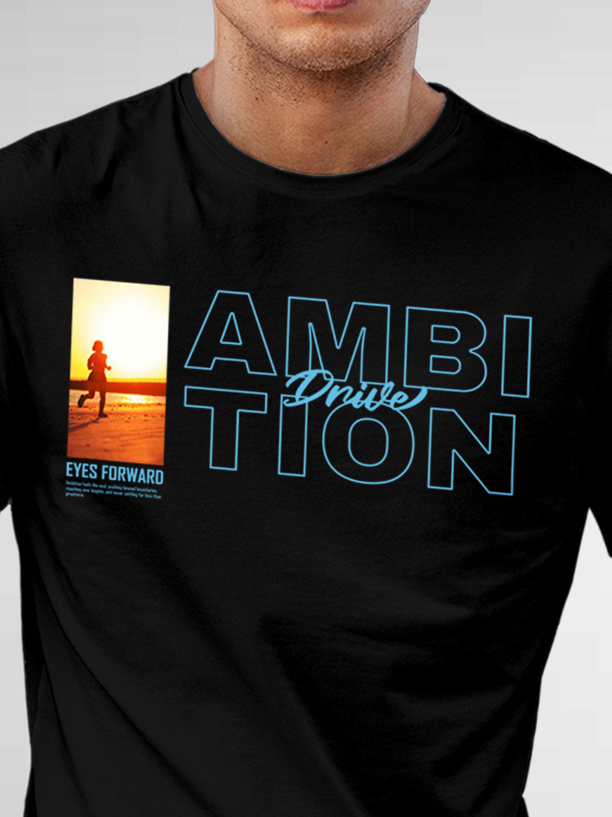 Close up of 'Ambition & Drive' design on Men's Black Round Neck T-shirt, highlighting intricate details and vibrant print.