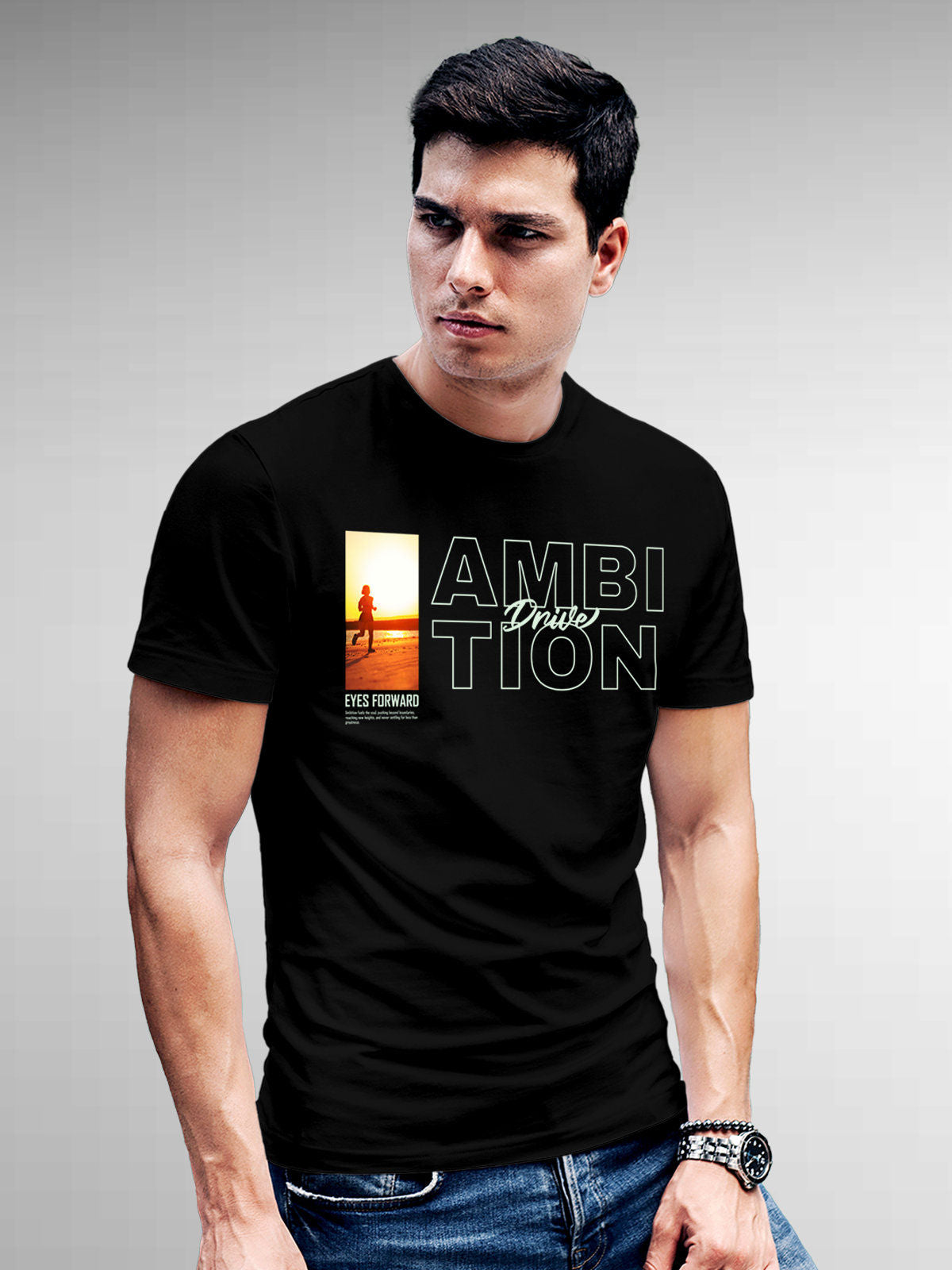 Model wearing Men's Black Round Neck T-shirt with 'Ambition & Drive' design, offering effortless style and premium comfort