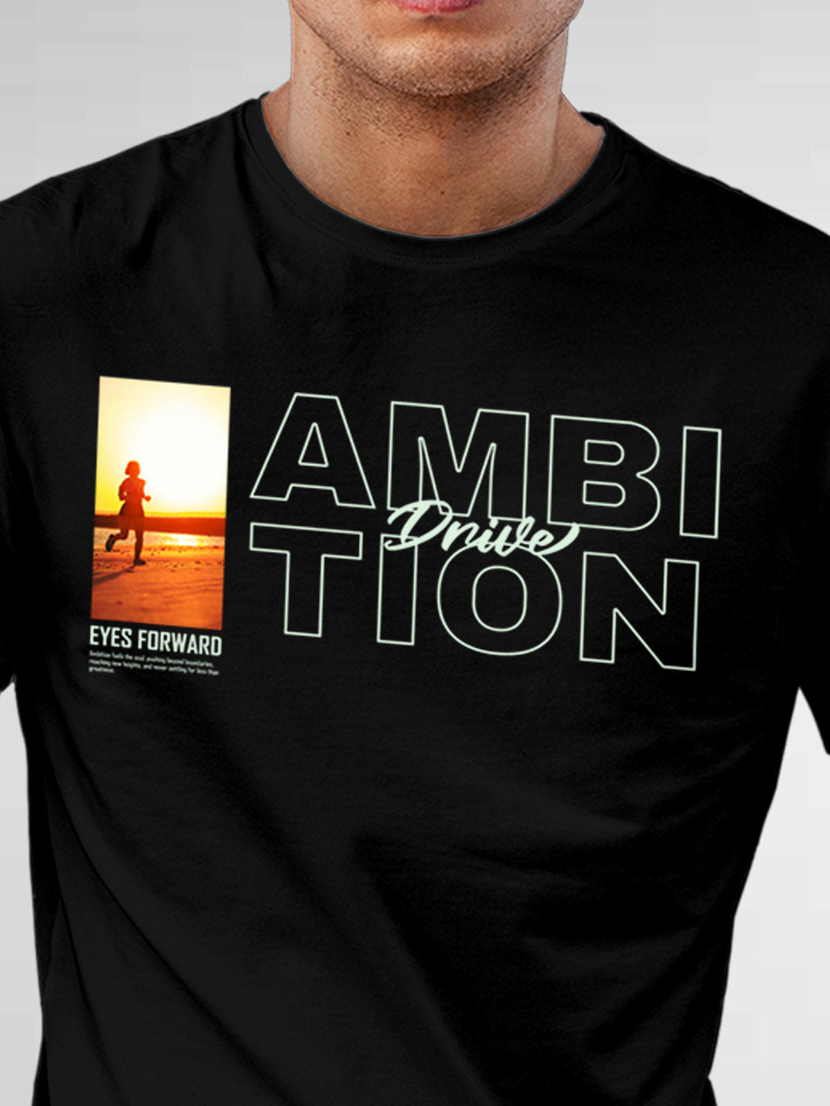 Close up of 'Ambition & Drive' design on Men's Black Round Neck T-shirt, highlighting intricate details and vibrant print.