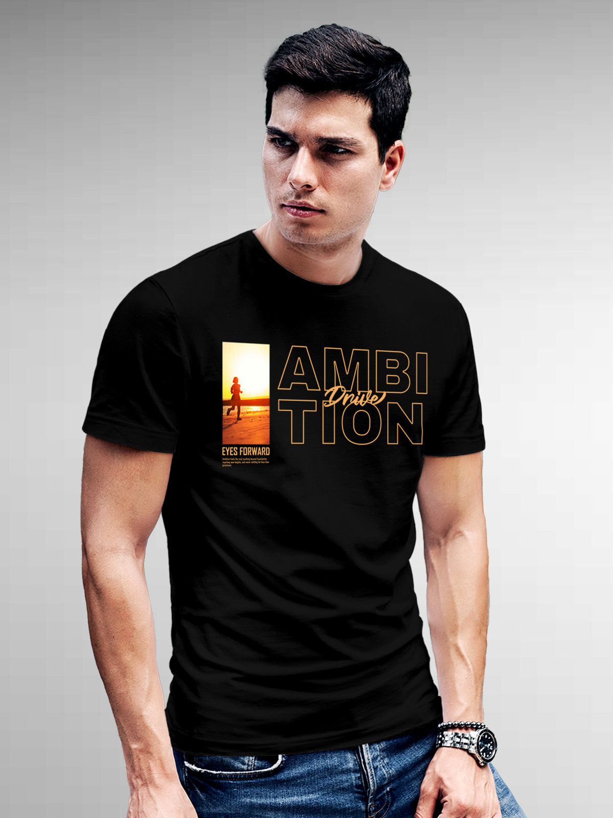 Model wearing Men's Black Round Neck T-shirt with 'Ambition & Drive' design, offering effortless style and premium comfort