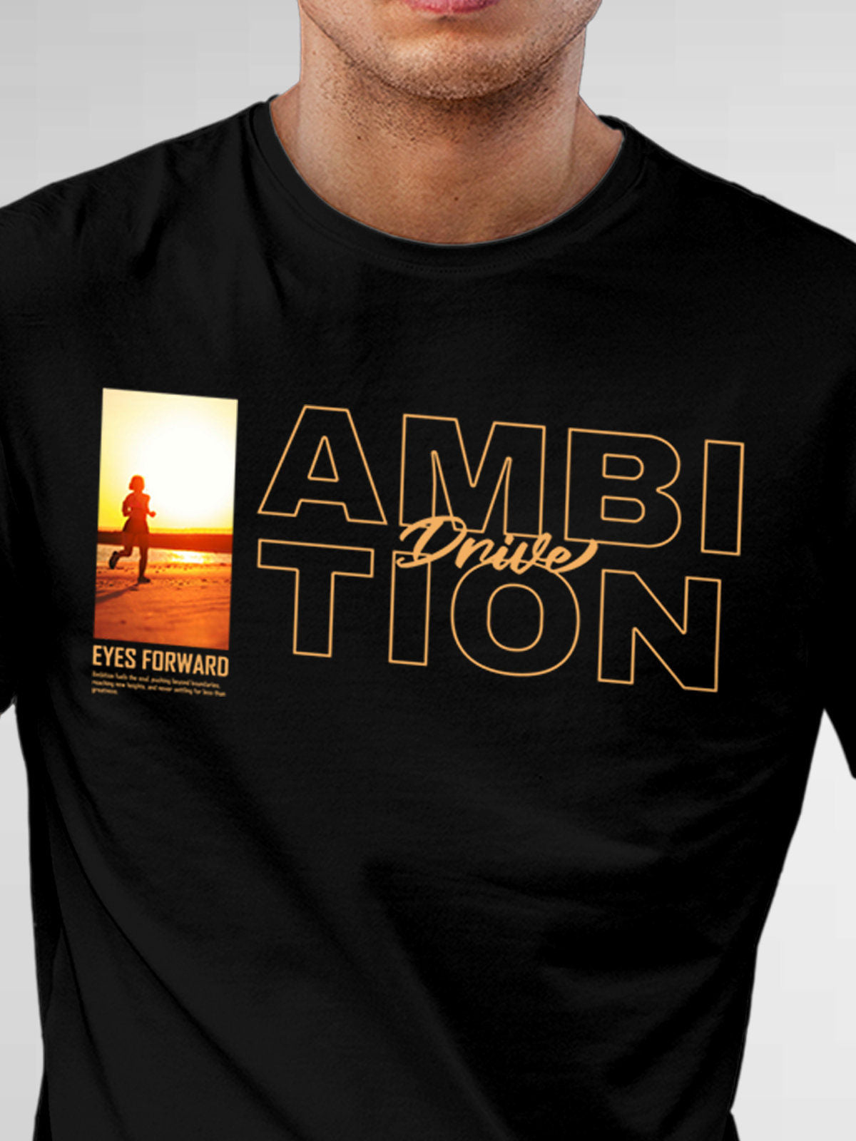 Close up of 'Ambition & Drive' design on Men's Black Round Neck T-shirt, highlighting intricate details and vibrant print.