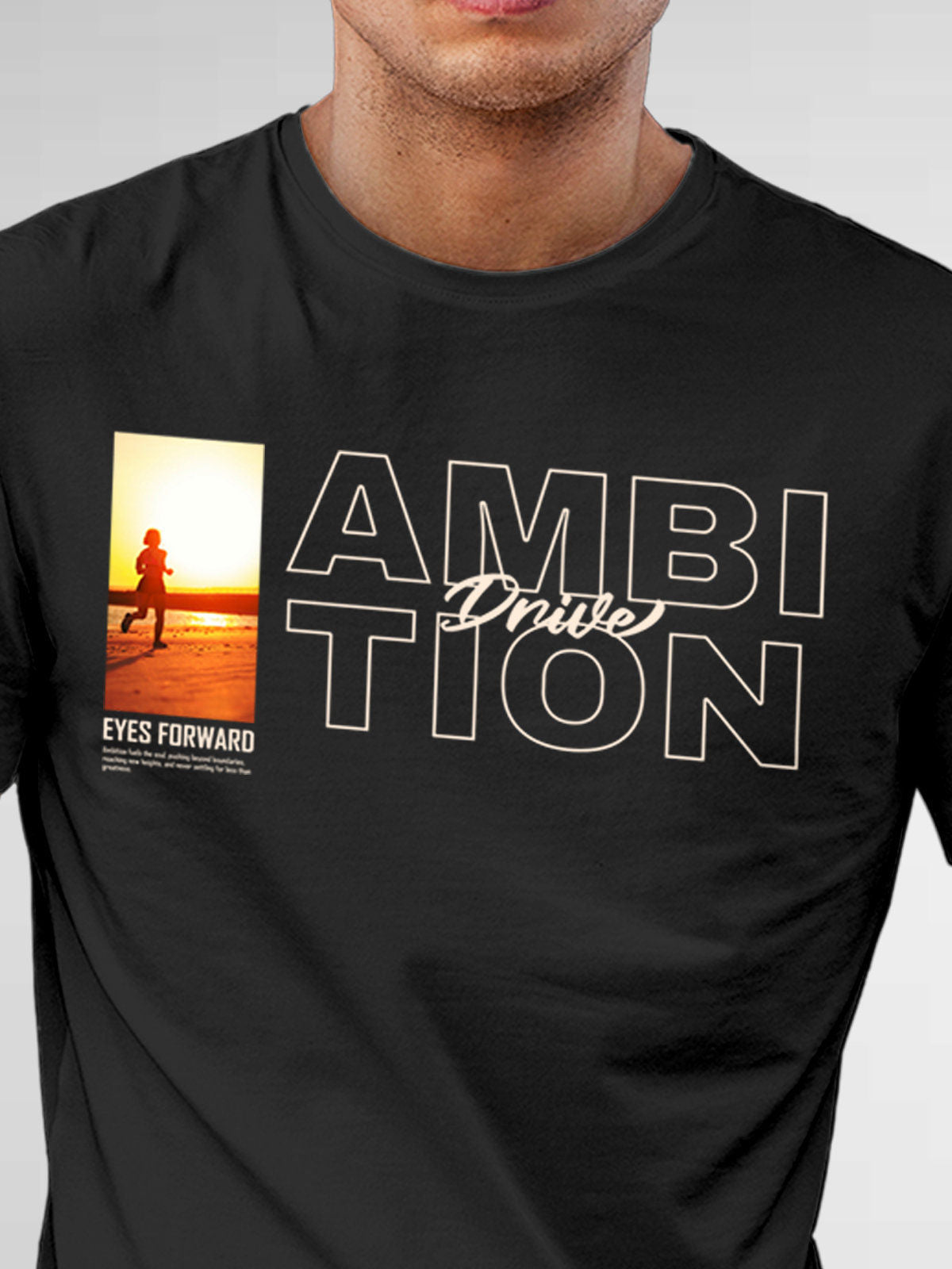 Close up of 'Ambition & Drive' design on Men's Dark Grey Round Neck T-shirt, highlighting intricate details and vibrant print.
