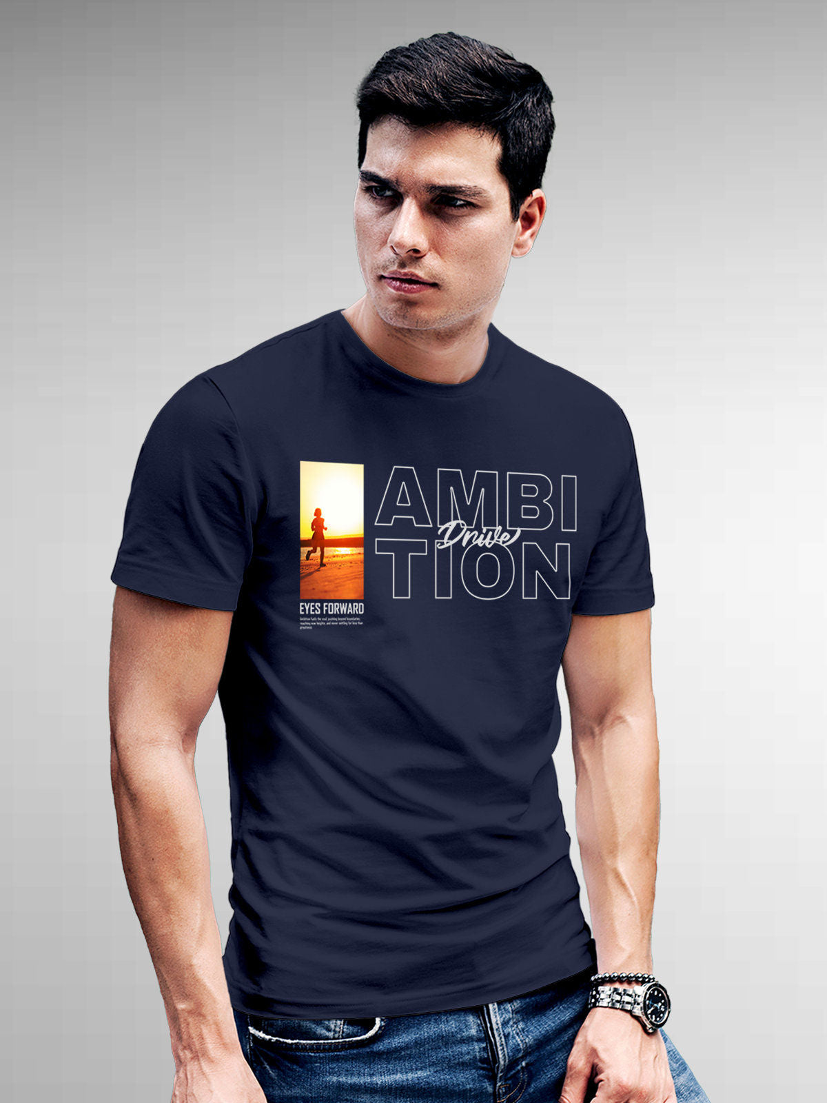 Model wearing Men's Navy Blue Round Neck T-shirt with 'Ambition & Drive' design, offering effortless style and premium comfort