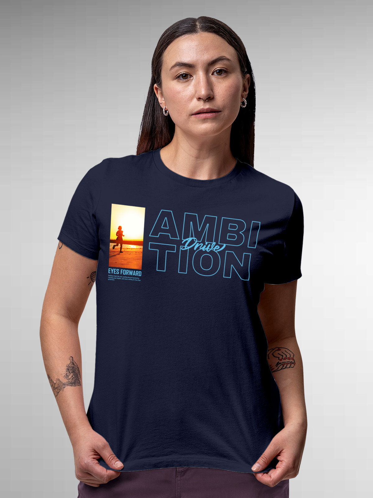 Model wearing Women's Navy Blue Round Neck T-shirt with 'Ambition & Drive' design, offering effortless style and premium comfort