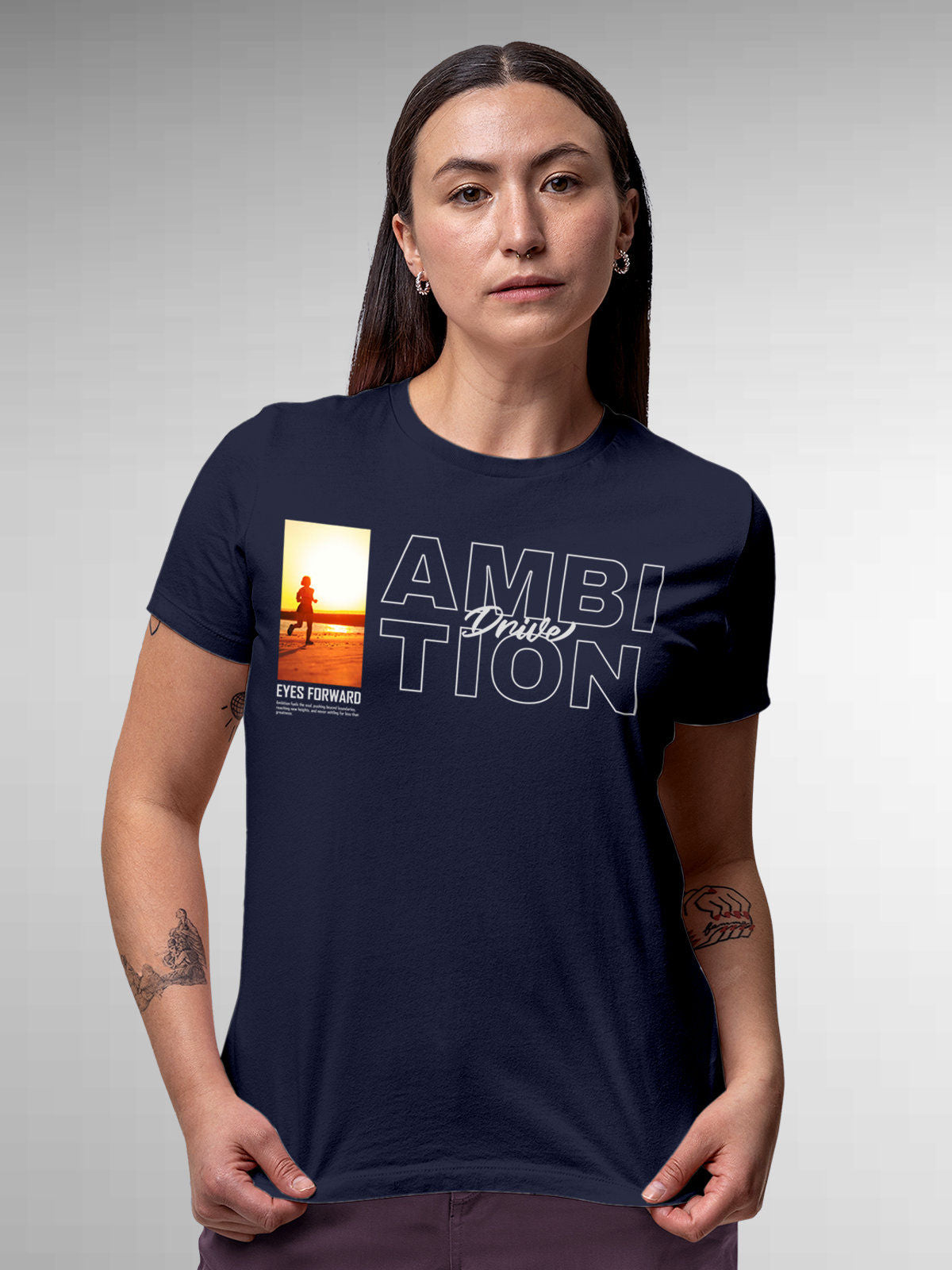 Model wearing Women's Navy Blue Round Neck T-shirt with 'Ambition & Drive' design, offering effortless style and premium comfort
