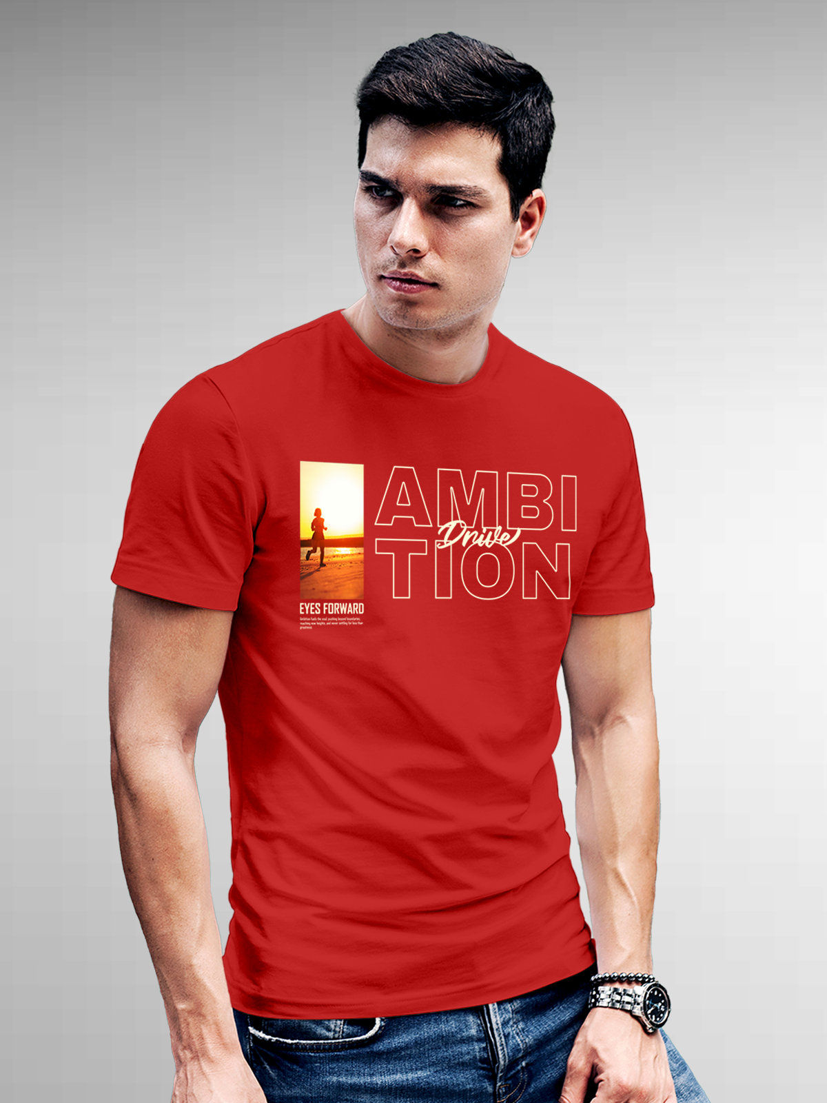 Model wearing Men's Red Round Neck T-shirt with 'Ambition & Drive' design, offering effortless style and premium comfort