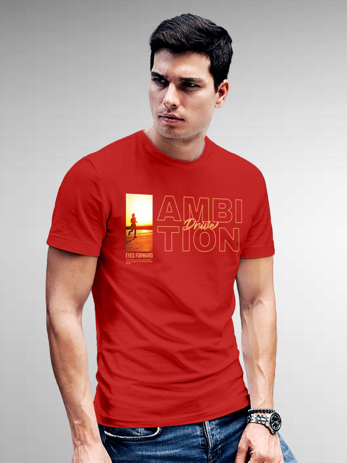 Model wearing Men's Red Round Neck T-shirt with 'Ambition & Drive' design, offering effortless style and premium comfort