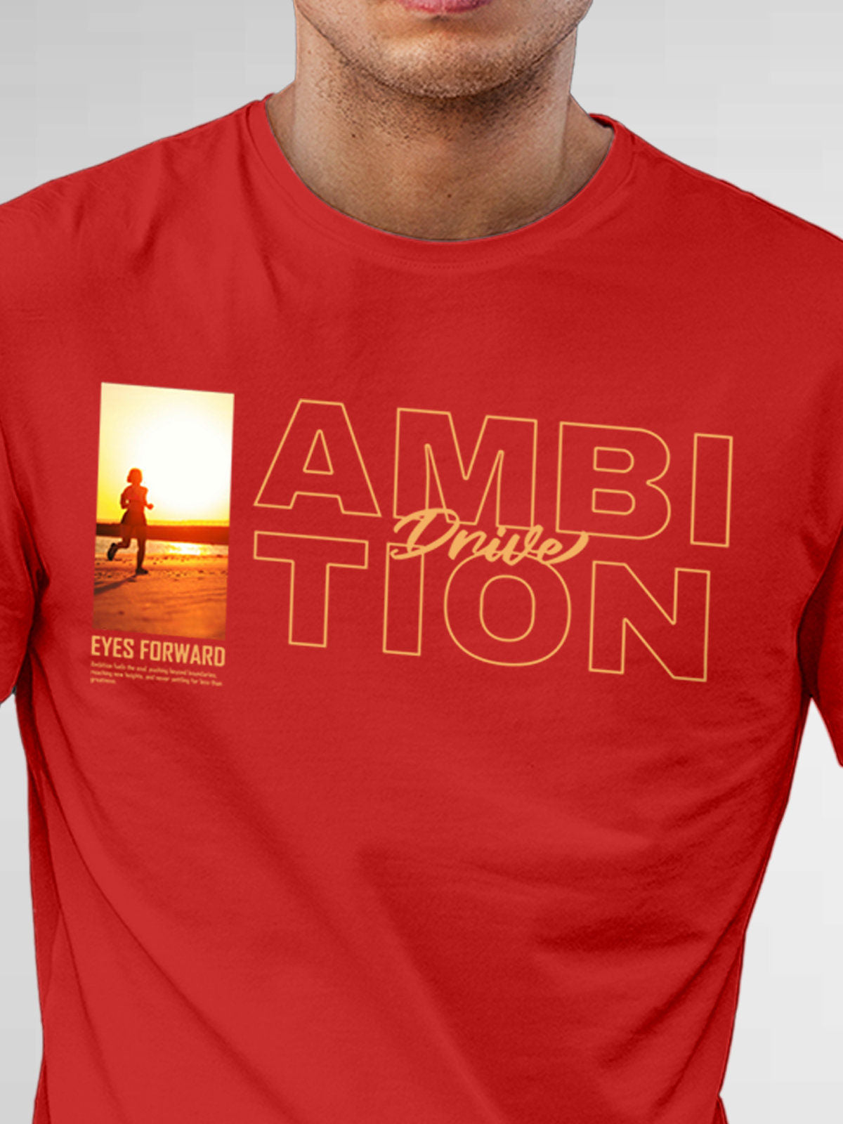 Close up of 'Ambition & Drive' design on Men's Red Round Neck T-shirt, highlighting intricate details and vibrant print.