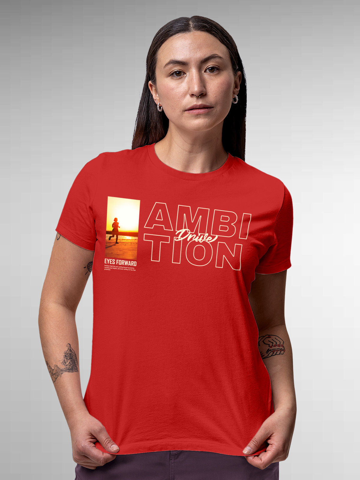 Model wearing Women's Red Round Neck T-shirt with 'Ambition & Drive' design, offering effortless style and premium comfort