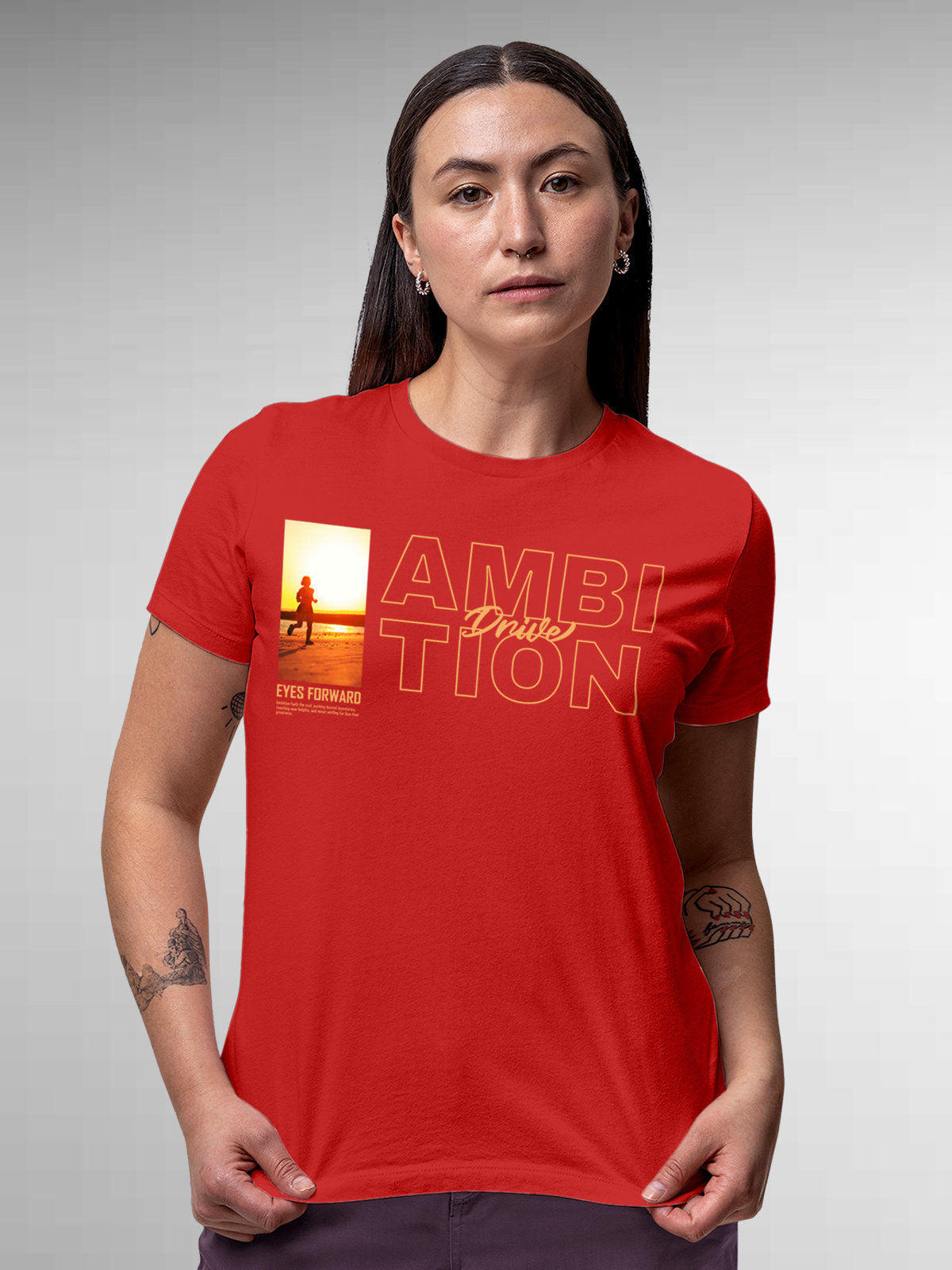 Model wearing Women's Red Round Neck T-shirt with 'Ambition & Drive' design, offering effortless style and premium comfort
