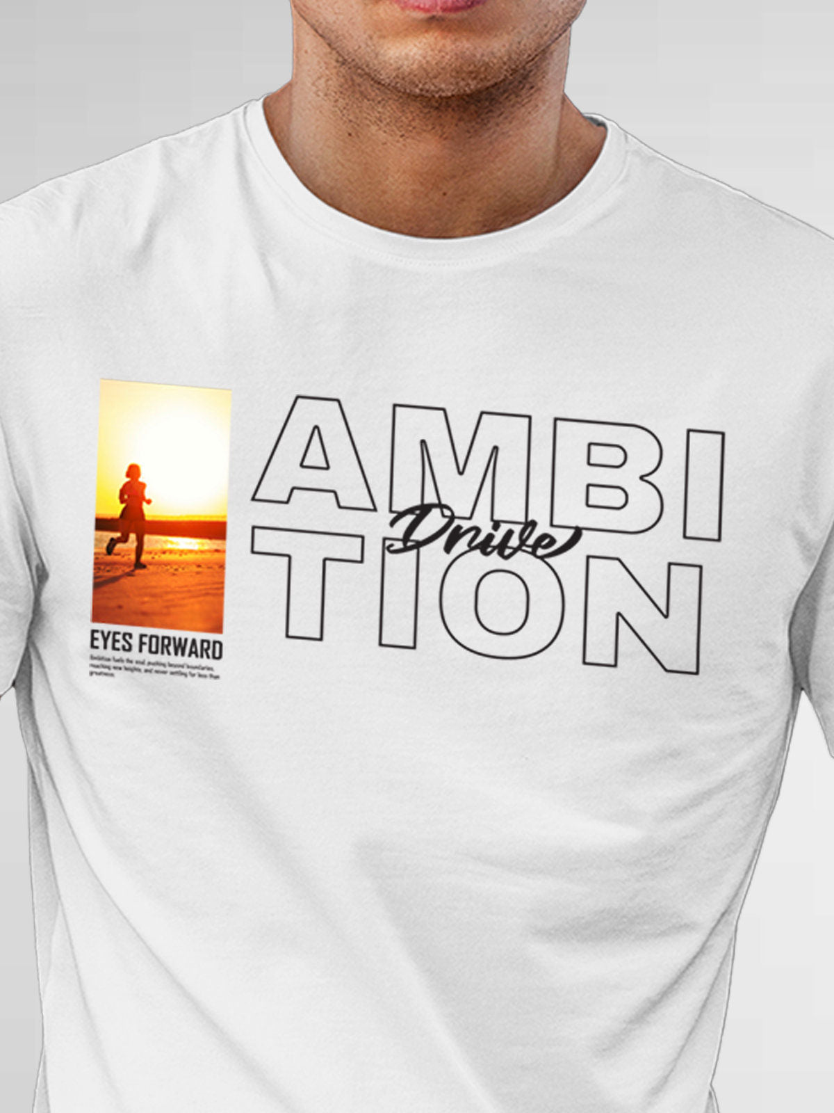 Close up of 'Ambition & Drive' design on Men's White Round Neck T-shirt, highlighting intricate details and vibrant print.