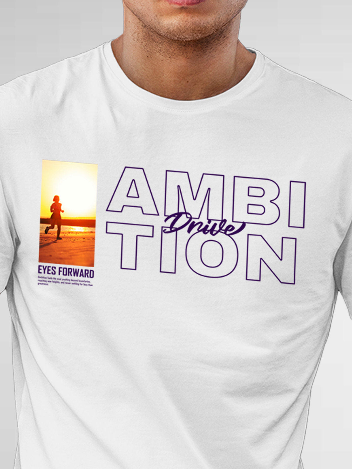 Close up of 'Ambition & Drive' design on Men's White Round Neck T-shirt, highlighting intricate details and vibrant print.