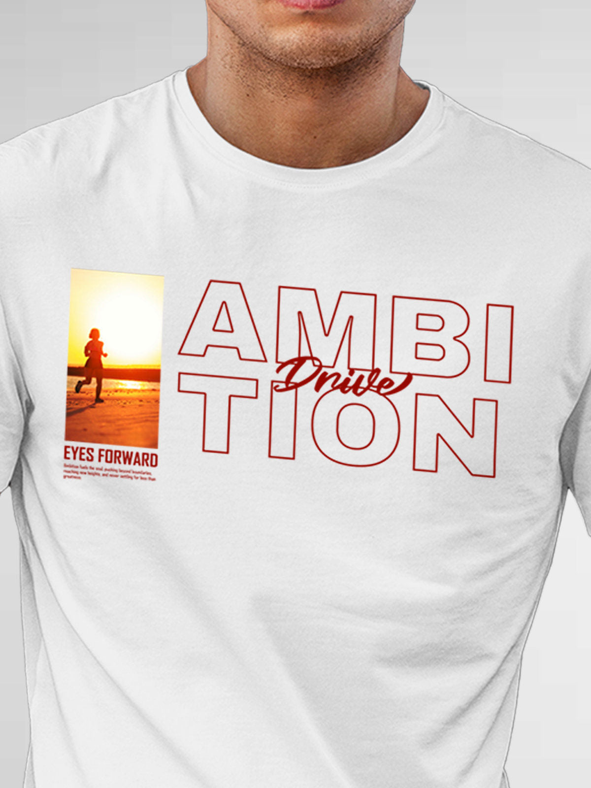Close up of 'Ambition & Drive' design on Men's White Round Neck T-shirt, highlighting intricate details and vibrant print.