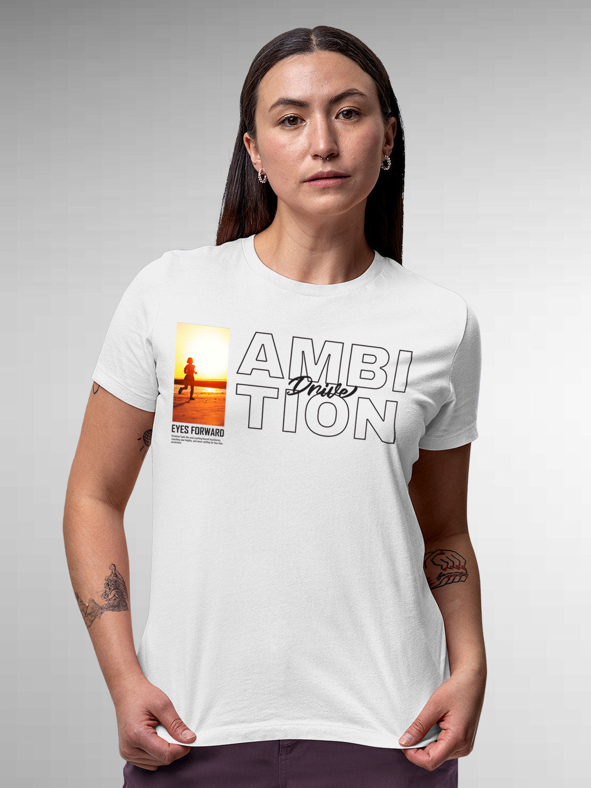 Model wearing Women's White Round Neck T-shirt with 'Ambition & Drive' design, offering effortless style and premium comfort