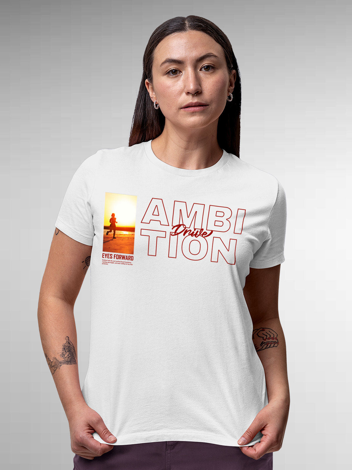 Model wearing Women's White Round Neck T-shirt with 'Ambition & Drive' design, offering effortless style and premium comfort