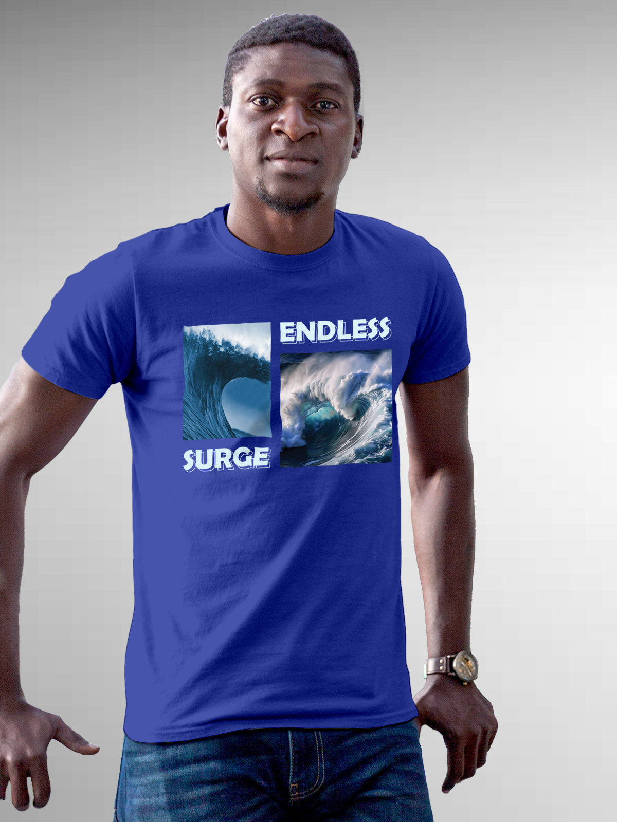 Model wearing Men's Blue Round Neck T-shirt with 'Endless Surge' design, offering effortless style and premium comfort