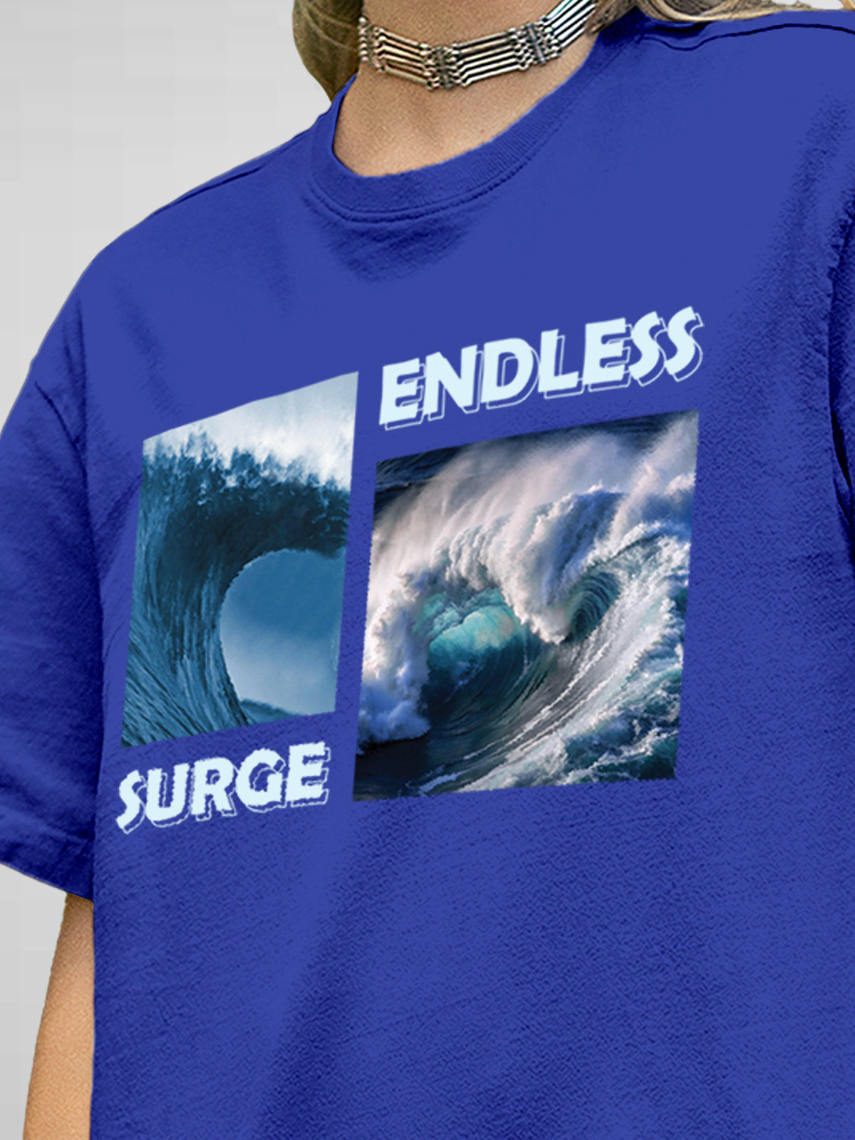 Close up of 'Endless Surge' design on Women's Blue Round Neck T-shirt, highlighting intricate details and vibrant print.