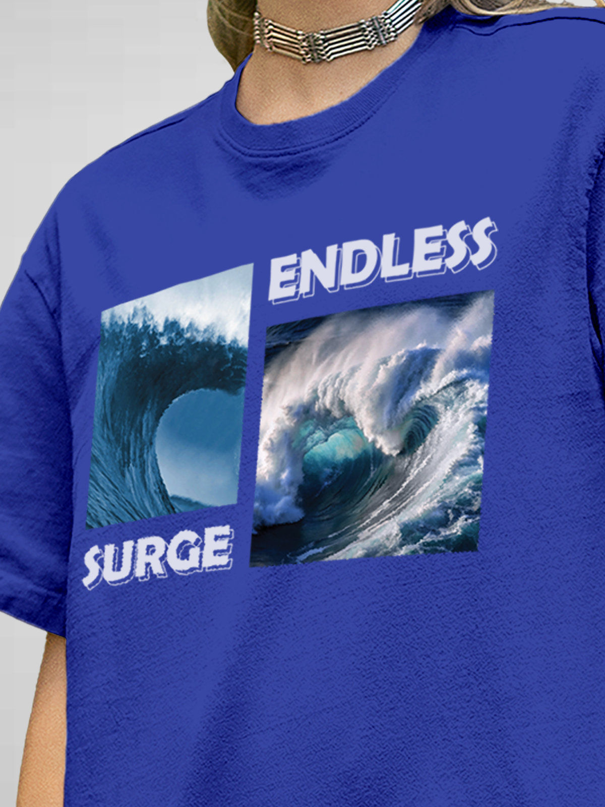 Close up of 'Endless Surge' design on Women's Blue Round Neck T-shirt, highlighting intricate details and vibrant print.