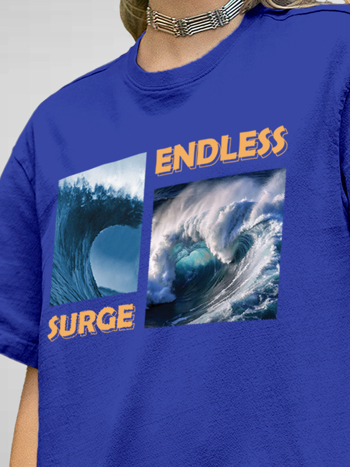 Close up of 'Endless Surge' design on Women's Blue Round Neck T-shirt, highlighting intricate details and vibrant print.