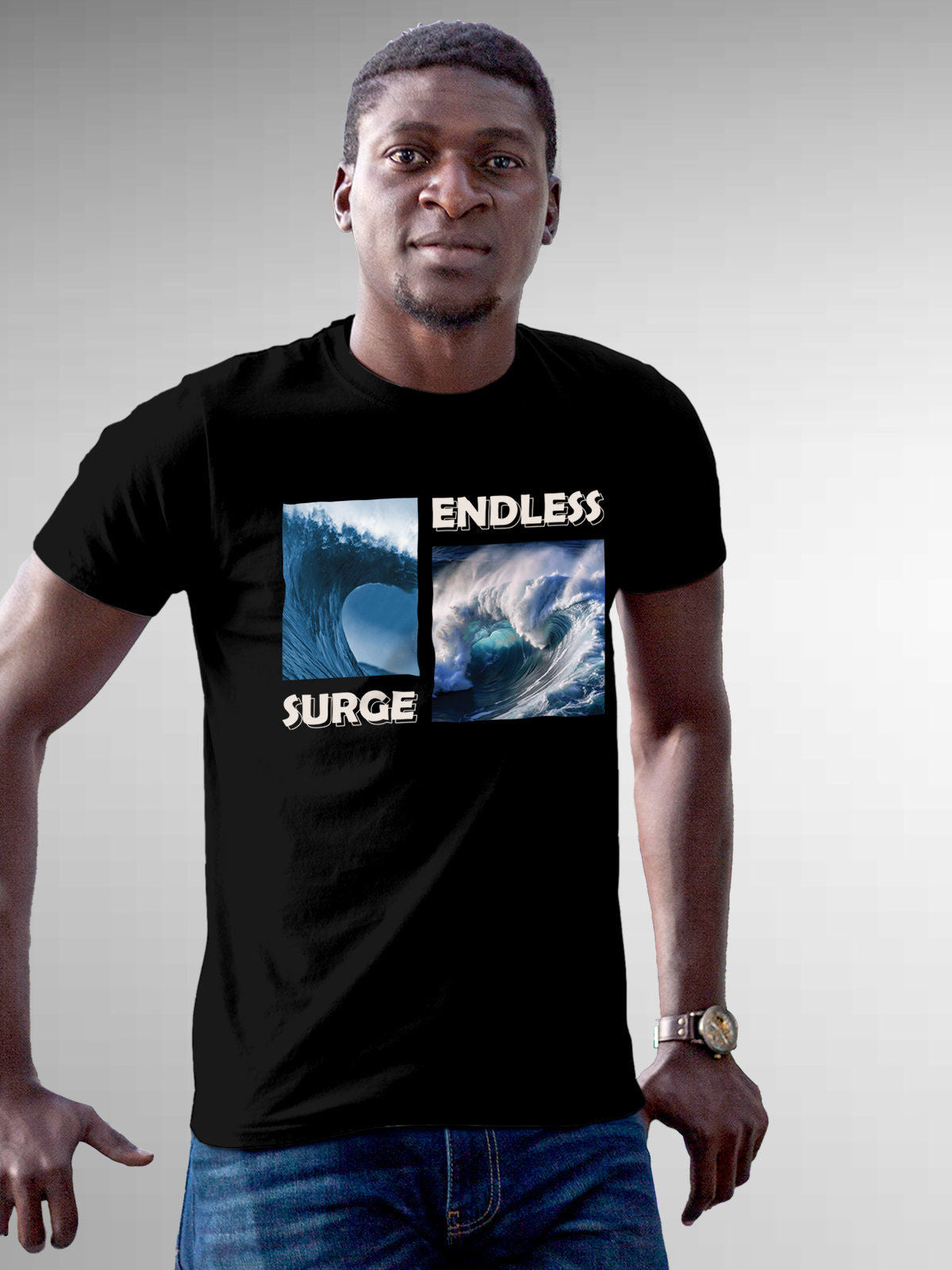 Model wearing Men's Black Round Neck T-shirt with 'Endless Surge' design, offering effortless style and premium comfort