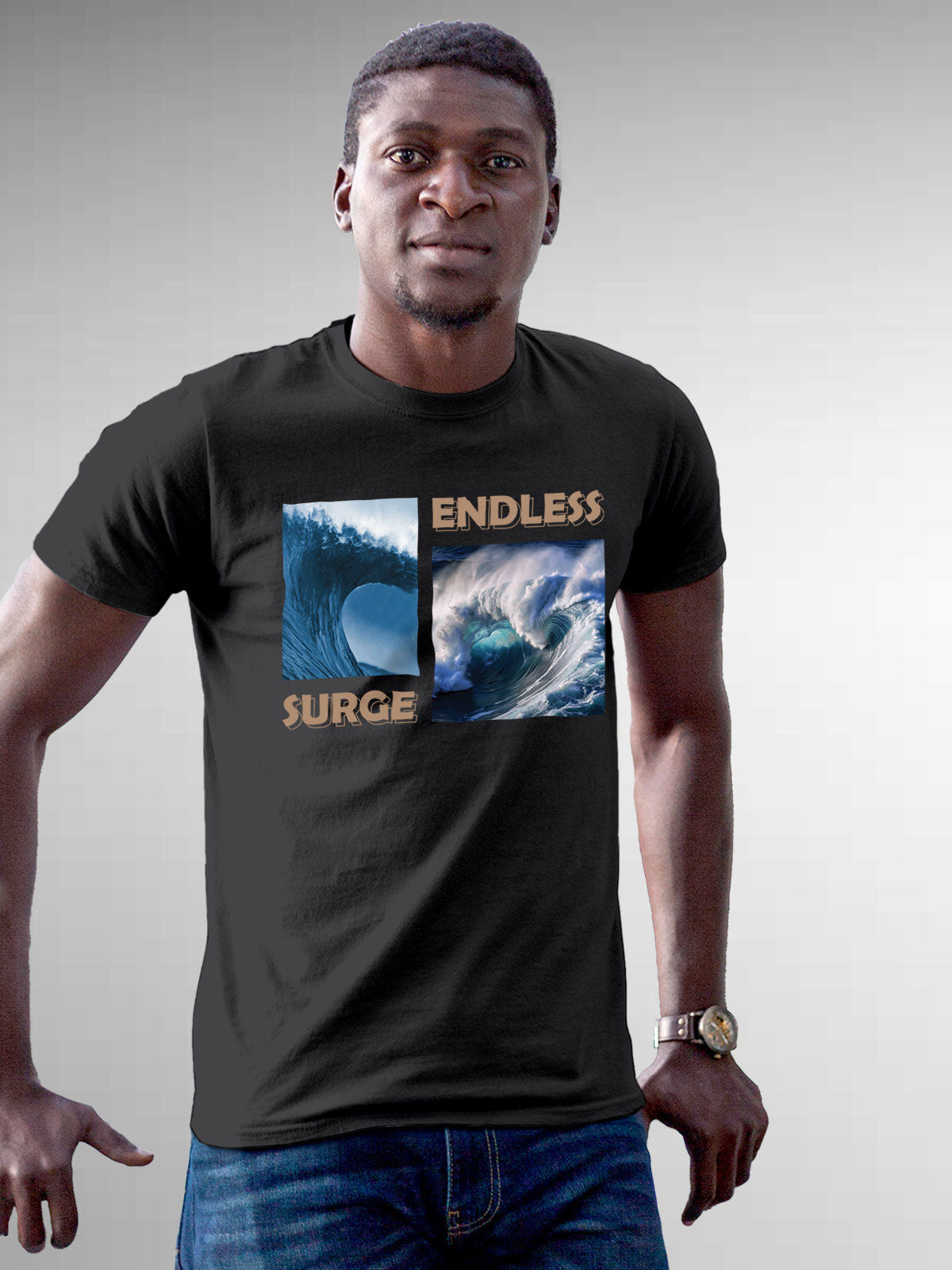 Model wearing Men's Dark Grey Round Neck T-shirt with 'Endless Surge' design, offering effortless style and premium comfort
