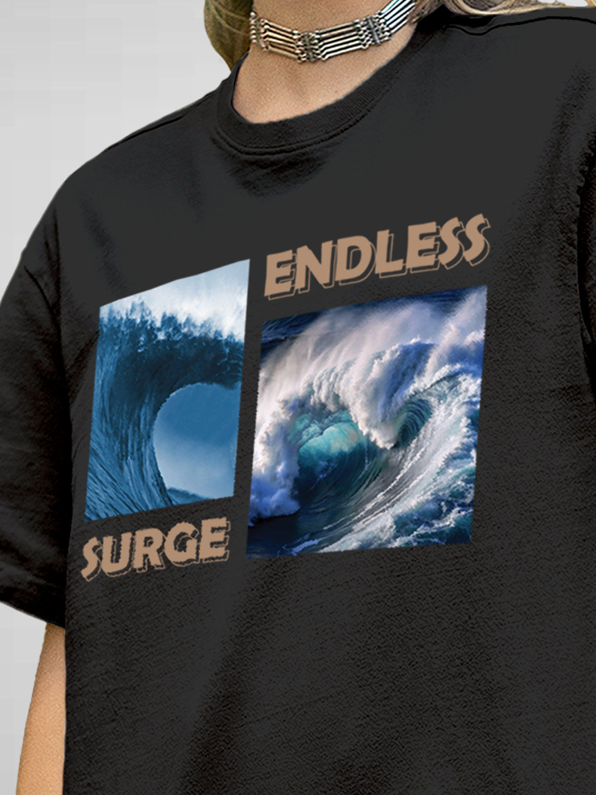Close up of 'Endless Surge' design on Women's Dark Grey Round Neck T-shirt, highlighting intricate details and vibrant print.