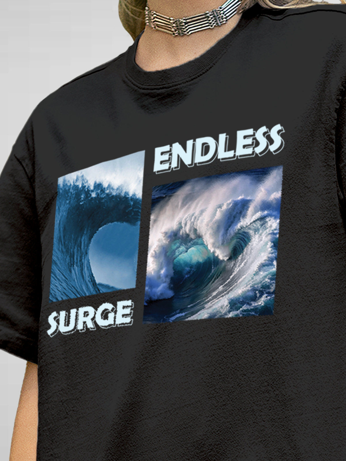 Close up of 'Endless Surge' design on Women's Dark Grey Round Neck T-shirt, highlighting intricate details and vibrant print.