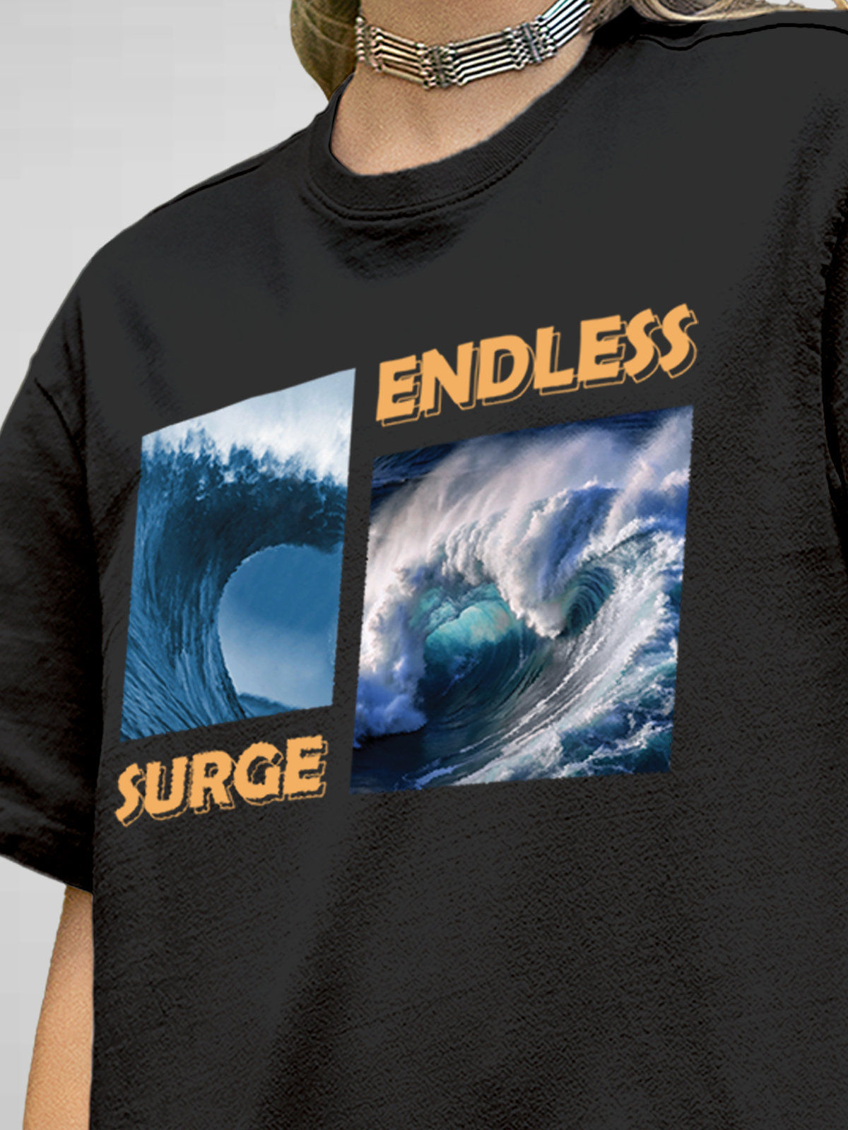 Close up of 'Endless Surge' design on Women's Dark Grey Round Neck T-shirt, highlighting intricate details and vibrant print.