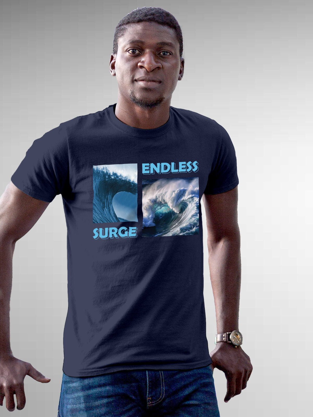 Model wearing Men's Navy Blue Round Neck T-shirt with 'Endless Surge' design, offering effortless style and premium comfort