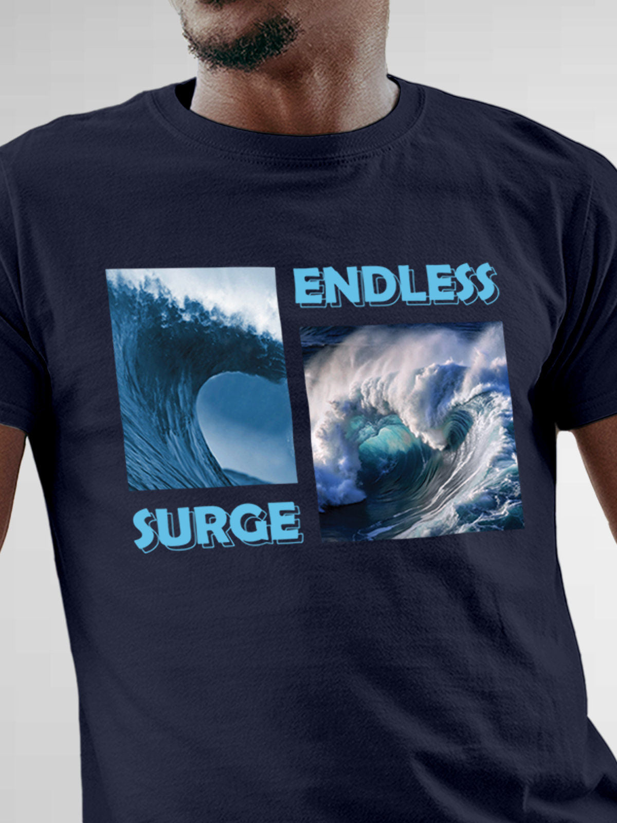 Close up of 'Endless Surge' design on Men's Navy Blue Round Neck T-shirt, highlighting intricate details and vibrant print.