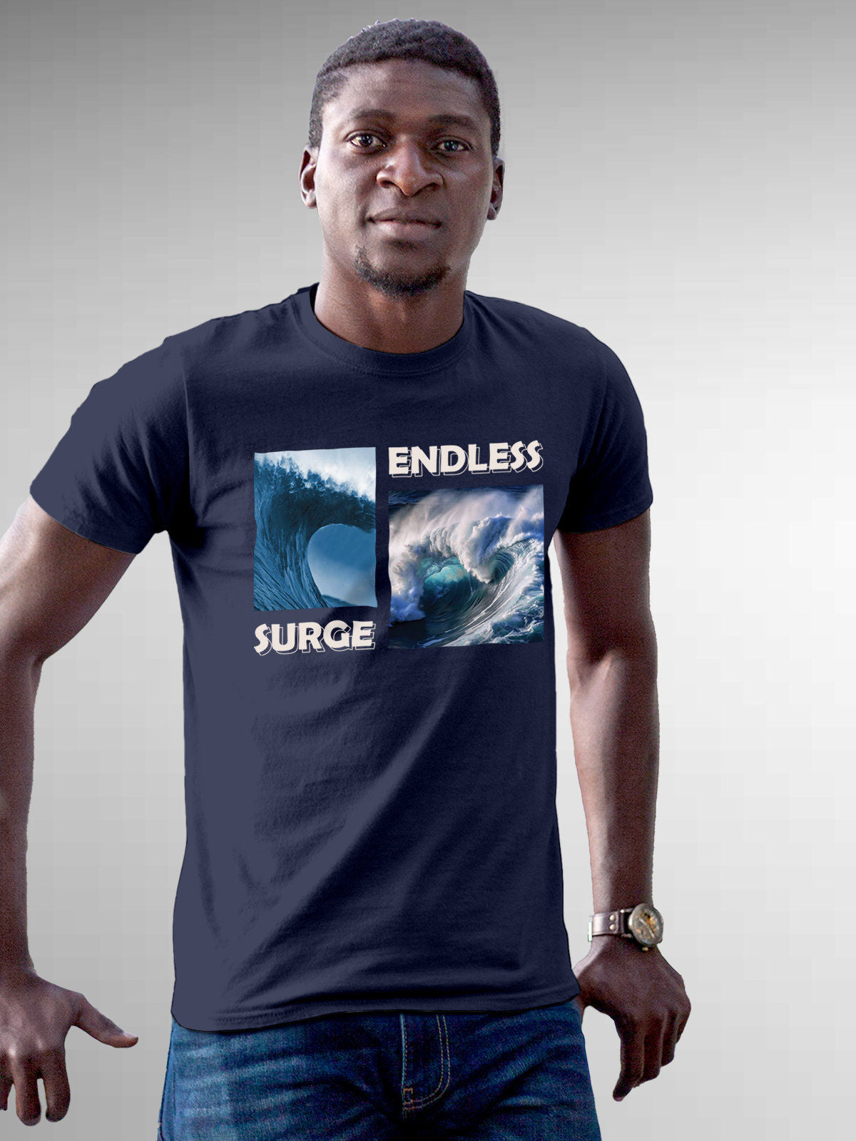 Model wearing Men's Navy Blue Round Neck T-shirt with 'Endless Surge' design, offering effortless style and premium comfort